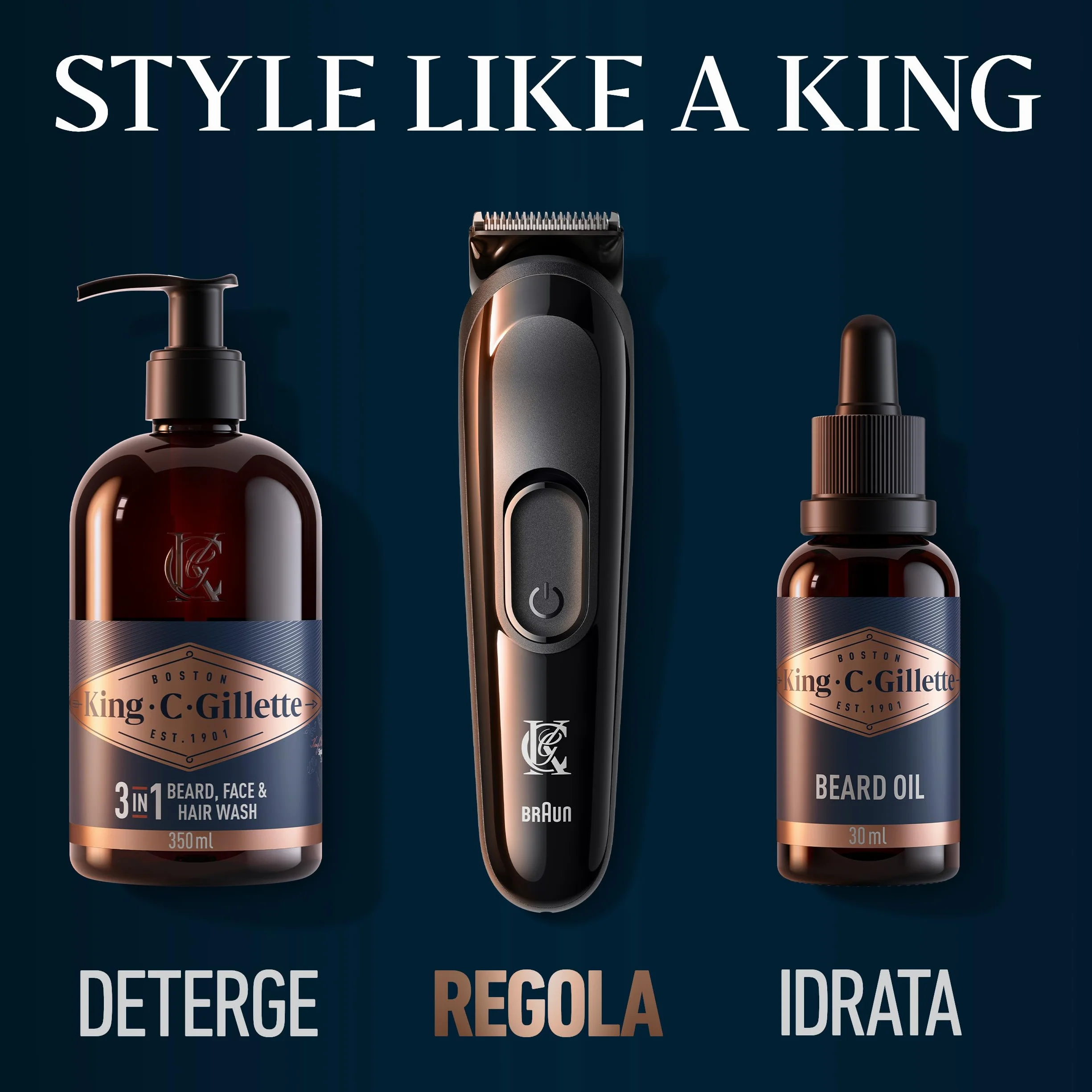 King C. Gillette Kit Regolabarba Uomo, Rasoio Elettrico Barba, 1 Testina, 3 Pettini Regolatori, Caricatore