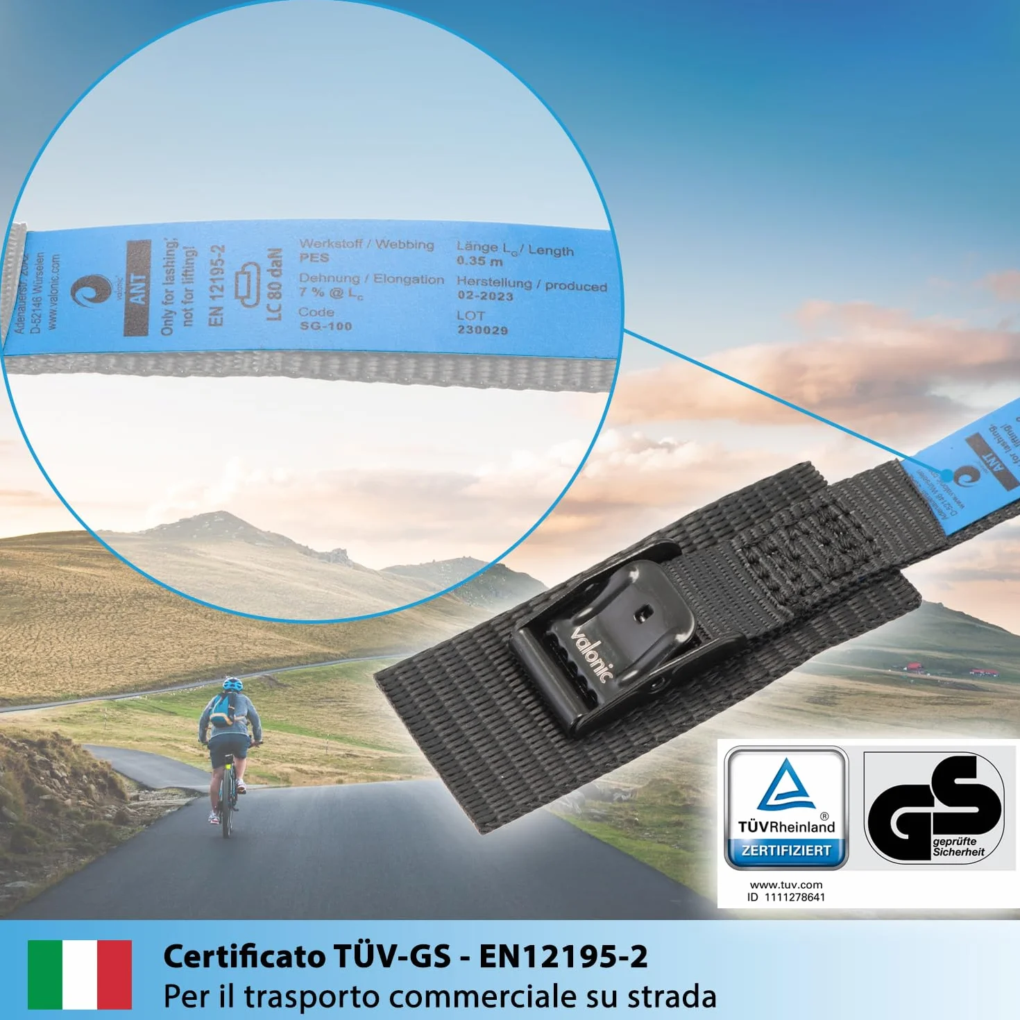 Valonic Cinghie di Fissaggio 35cm 19mm 80kg Imbottite Certificate TÜV Rheinland GS EN-12195-2 Nero