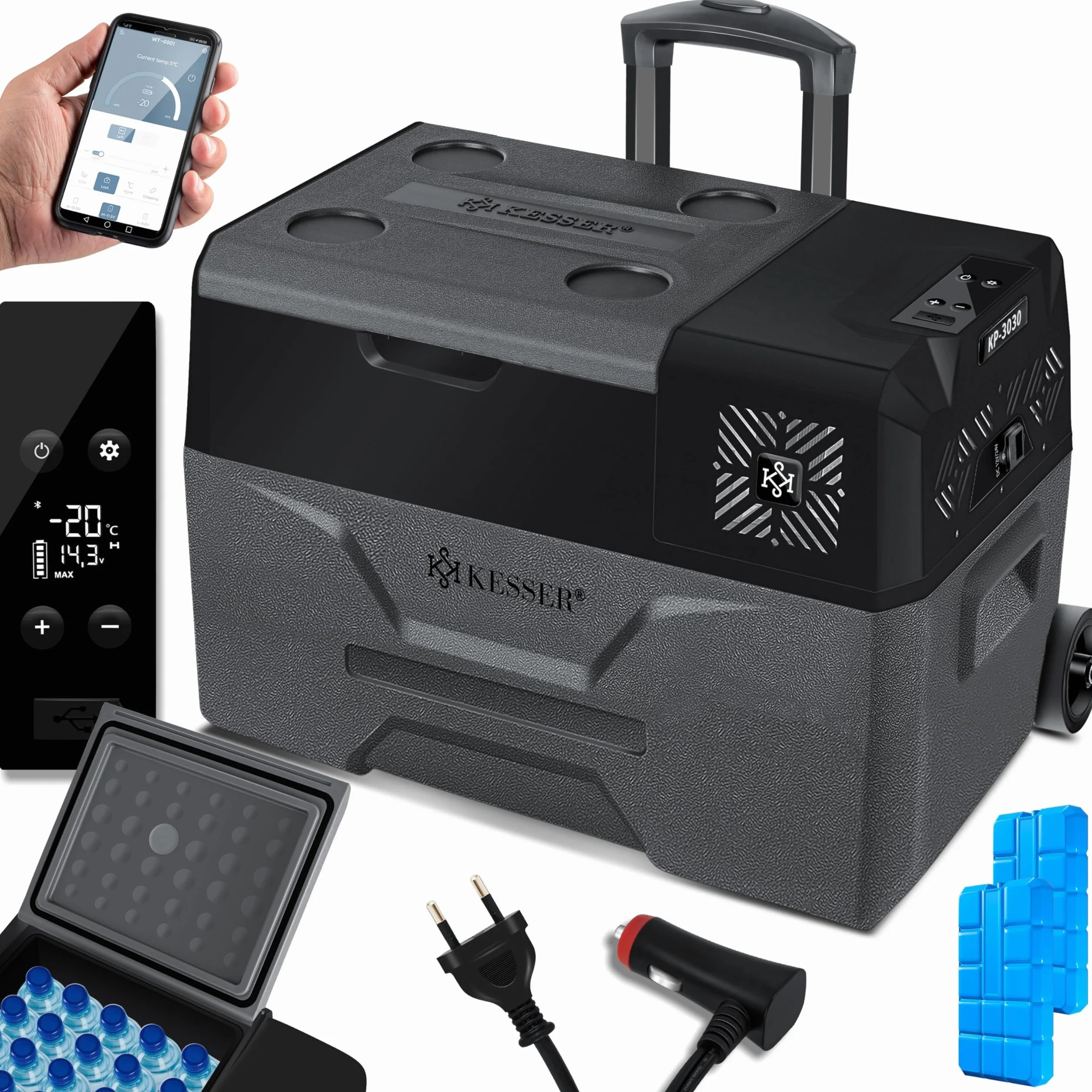 KESSER® Frigobar a compressore 30 litri Frigocongelatore Elettrico con Controllo Tramite App Connessione USB 12/24 V 230 V + Ruote telescopiche Frigorifero Raffreddamento Fino a -20 °C per Auto