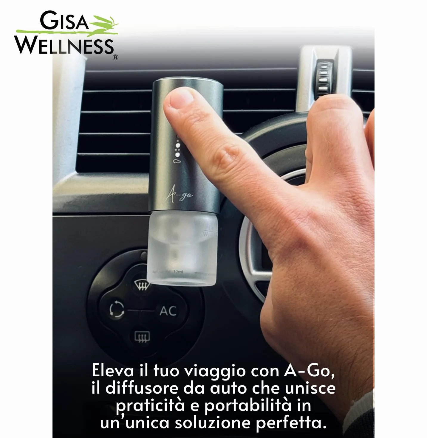 Gisa Wellness A-GO ELEGANCE Diffusore per Auto 12 ml con Batteria Ricaricabile Fragranza Agrumata Oli Essenziali Tecnologia Vibration System