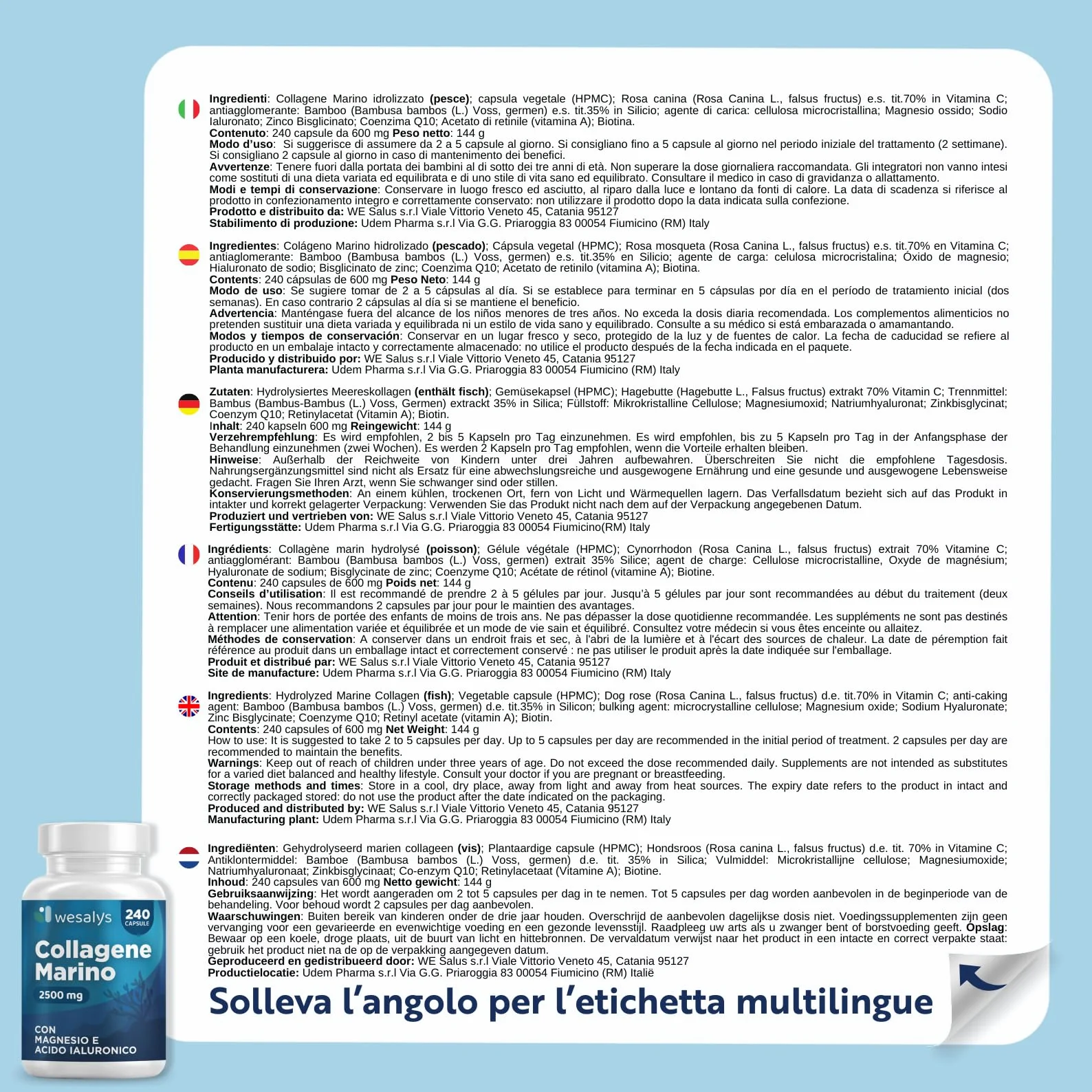 Collagene Marino con Acido Ialuronico 240 Capsule 2500mg Integratore Biotina Vitamina C Coenzima Q10 Pelle Capelli Articolazioni Wesalys