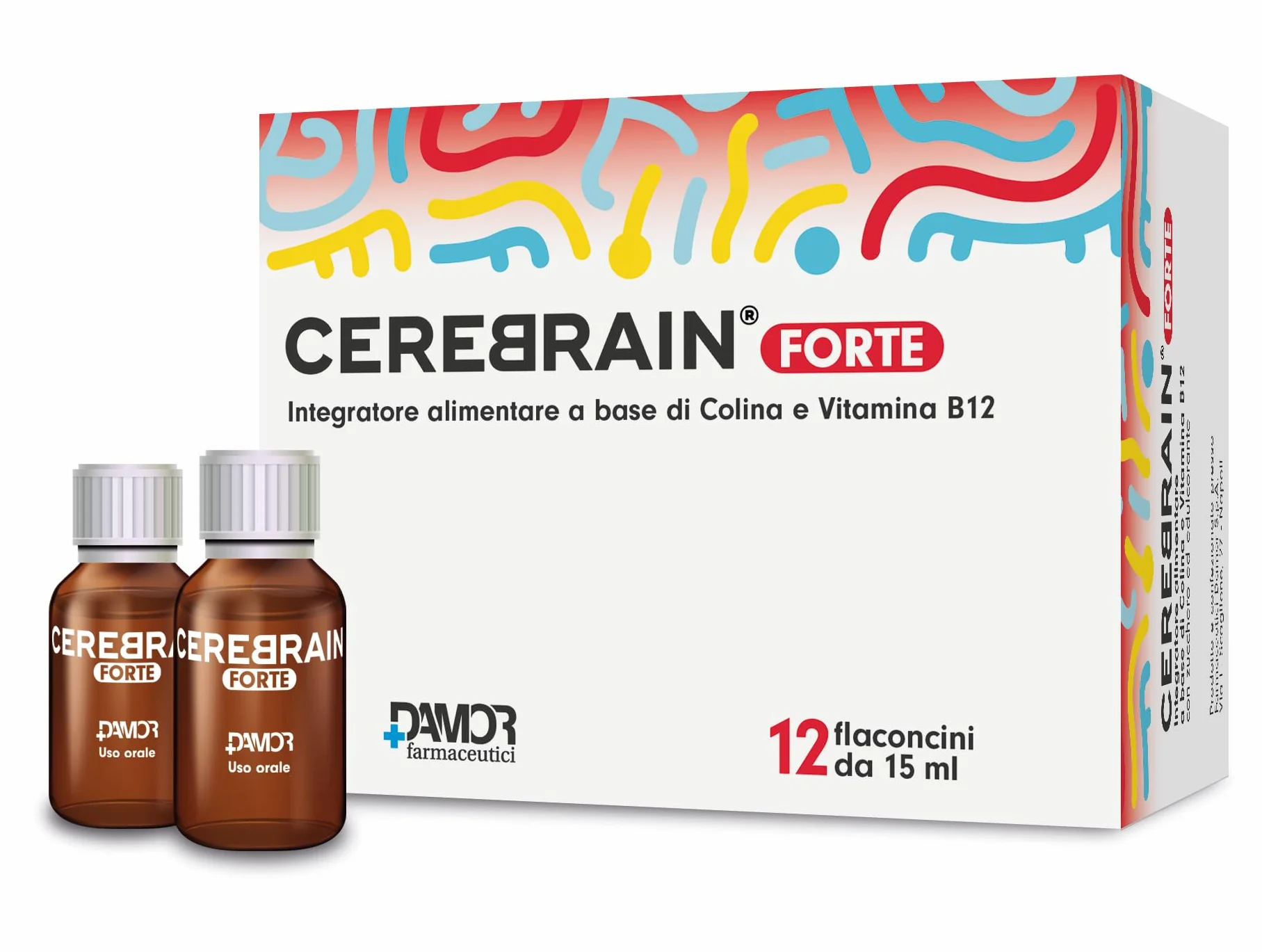 Damor Cerebrain Forte Integratore Alimentare Colina Bitartrato Vitamina B12 12 Flaconcini 15 ml