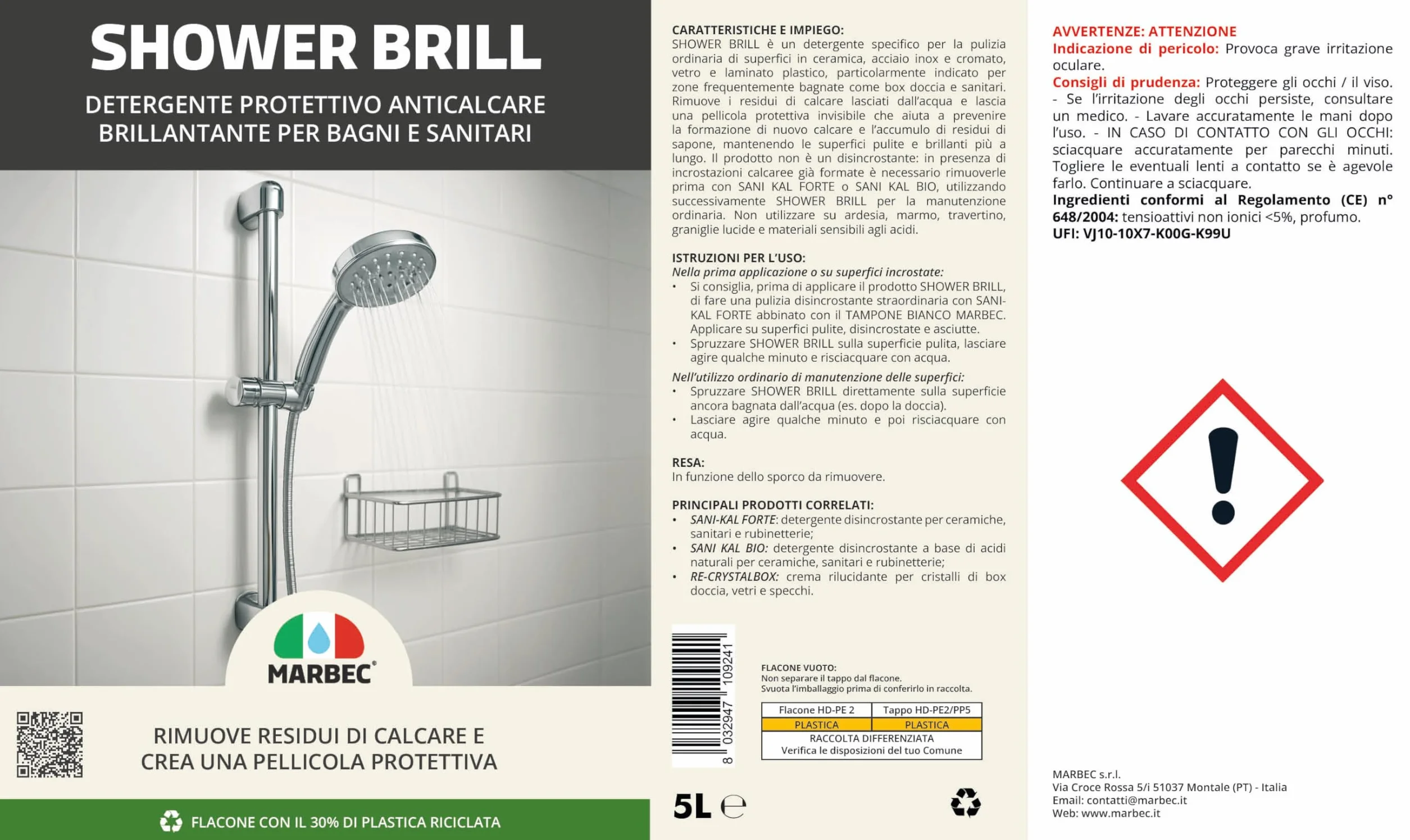 MARBEC SHOWER BRILL 5LT Detergente anticalcare bagno protettivo antigoccia per ceramiche vetri