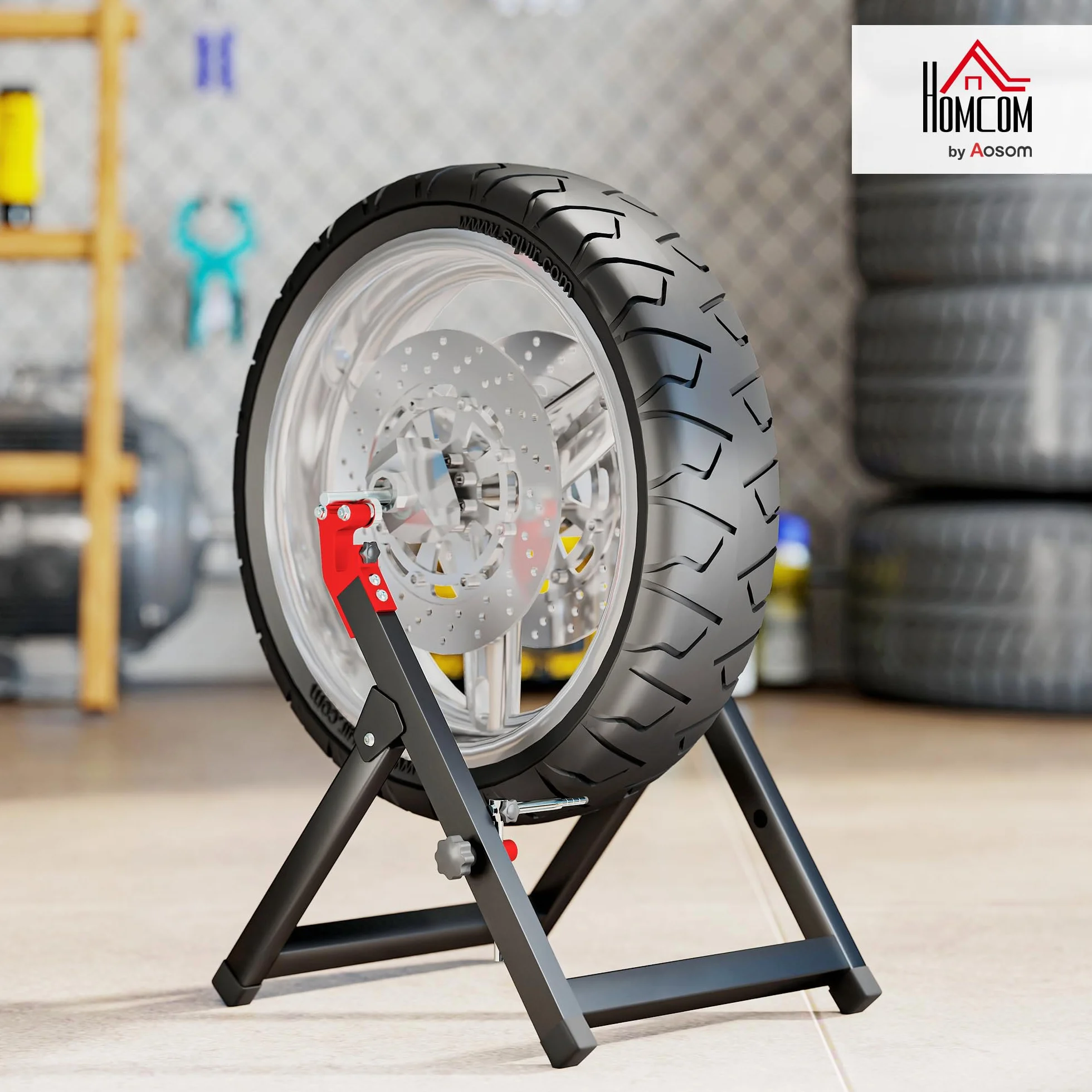HOMCOM Bilanciatore manuale di ruote moto alluminio e acciaio bilanciamento danni ruote pieghevole con chiave a raggi, compatibile fino a 21 pollici, nero