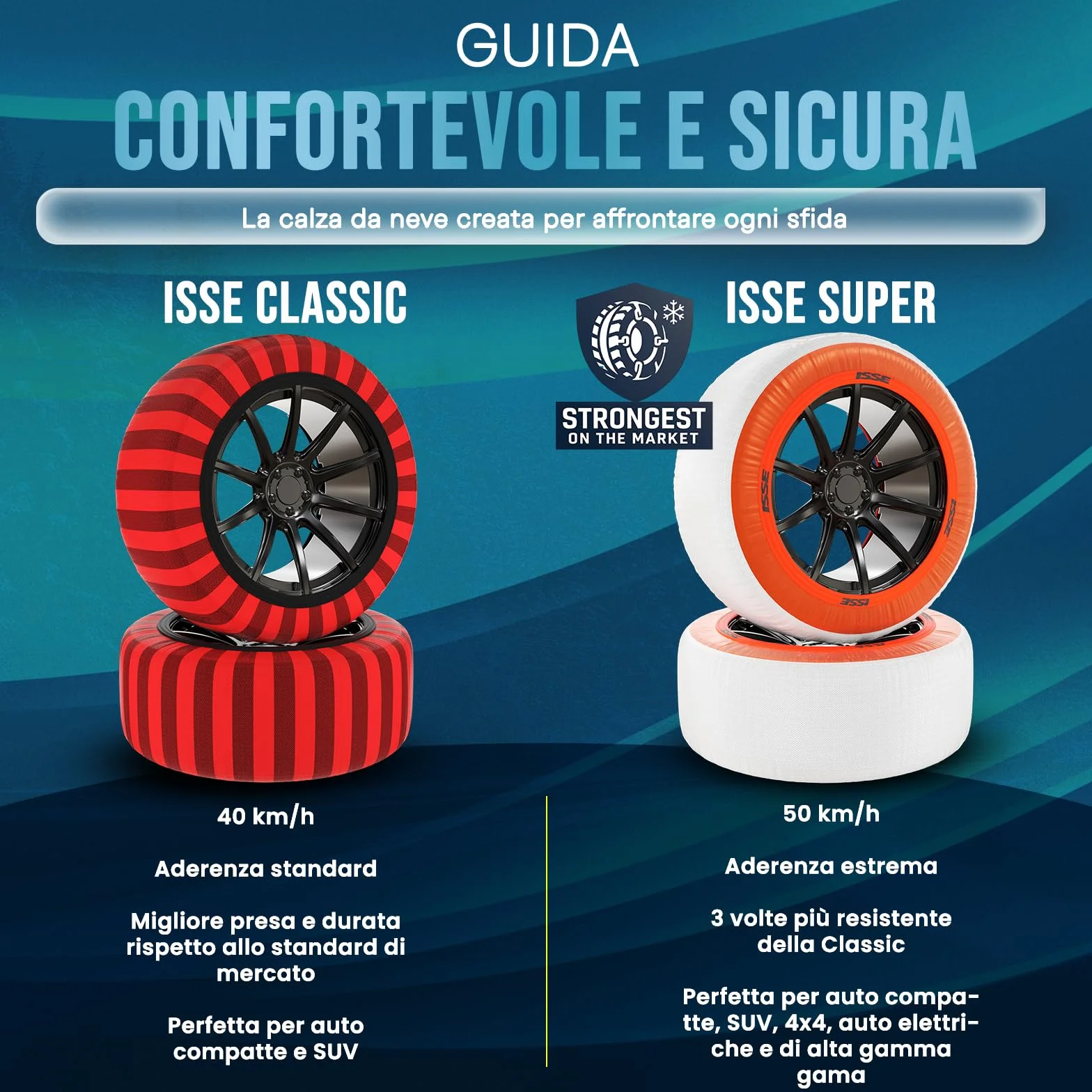 ISSE Calze da Neve Omologate Italia EN 16662-1 – 2 Catene da Neve in Tessuto per Auto Facili da Installare - Resistenti - Guanti Inclusi T70