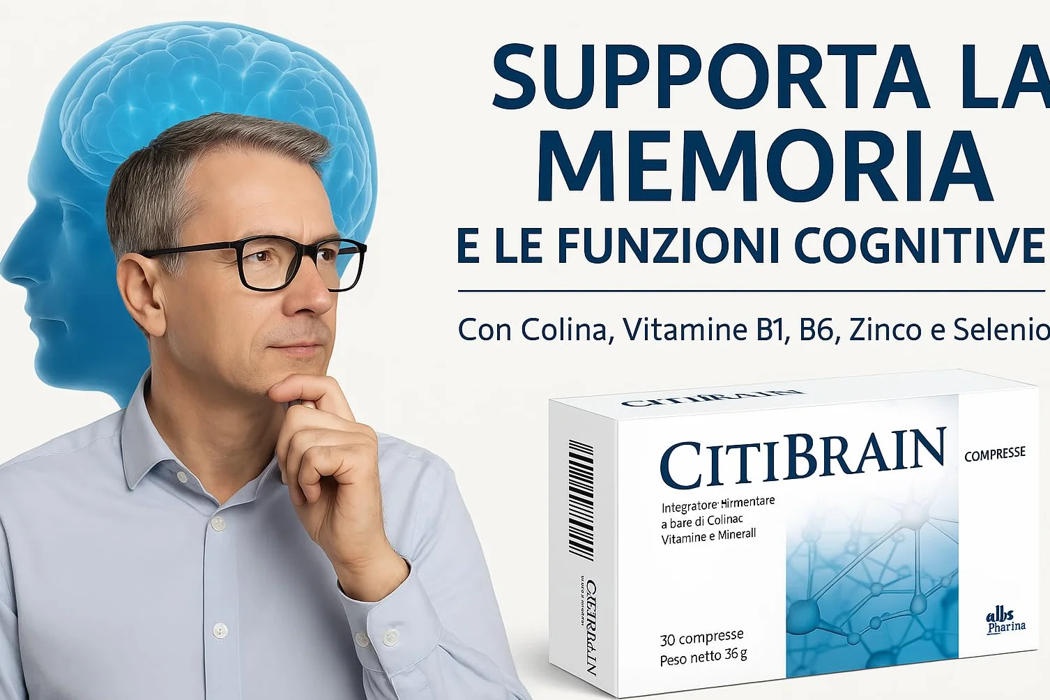 CITIBRAIN Integratore Memoria e Concentrazione Colina Vitamine B1 B6 Vitamina E Zinco Selenio Funzioni Cognitive Made in Italy
