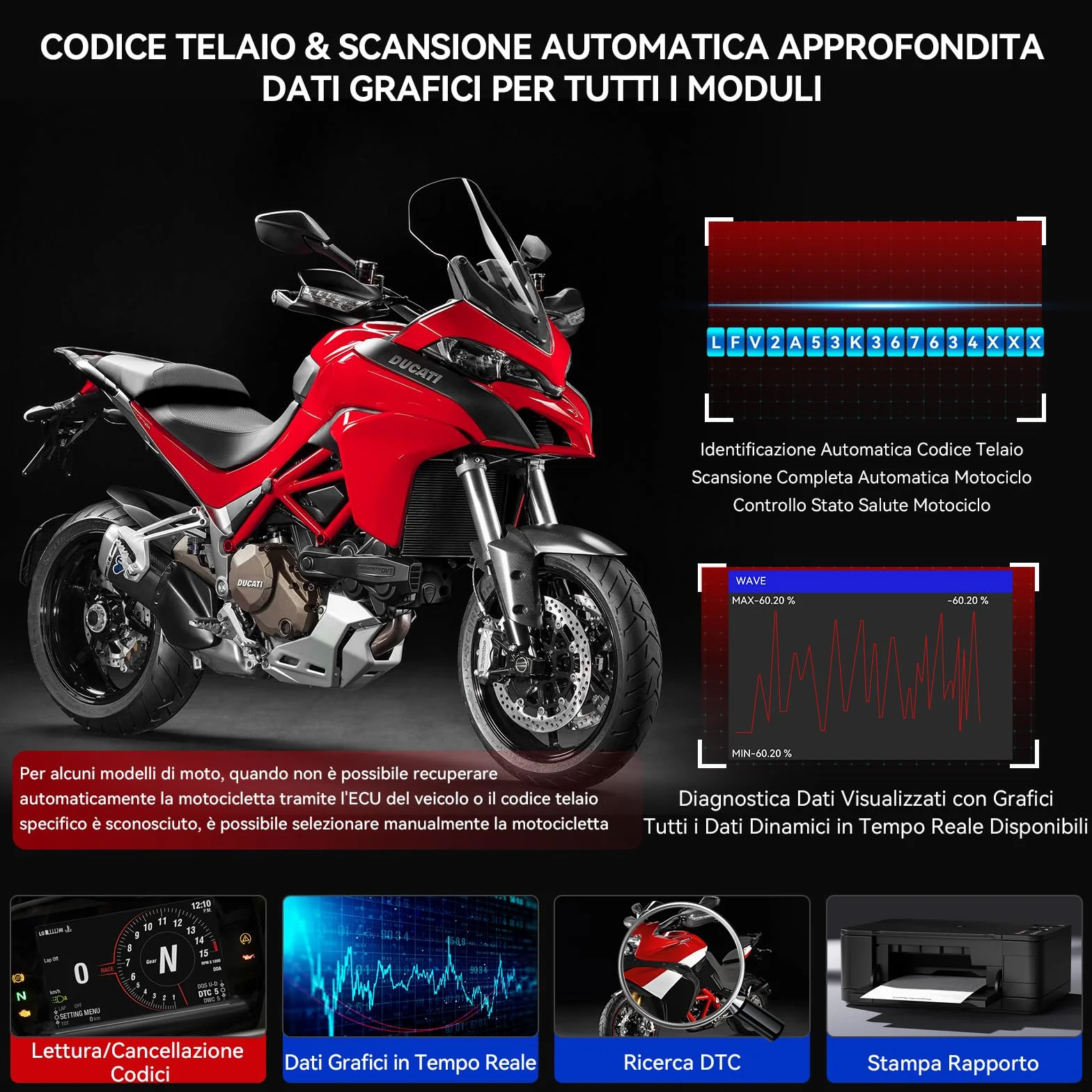 iCarsoft MT V6 Strumento diagnostico moto Ducati scanner 101 test attivi 85 servizi manutenzione lettura codici test batteria