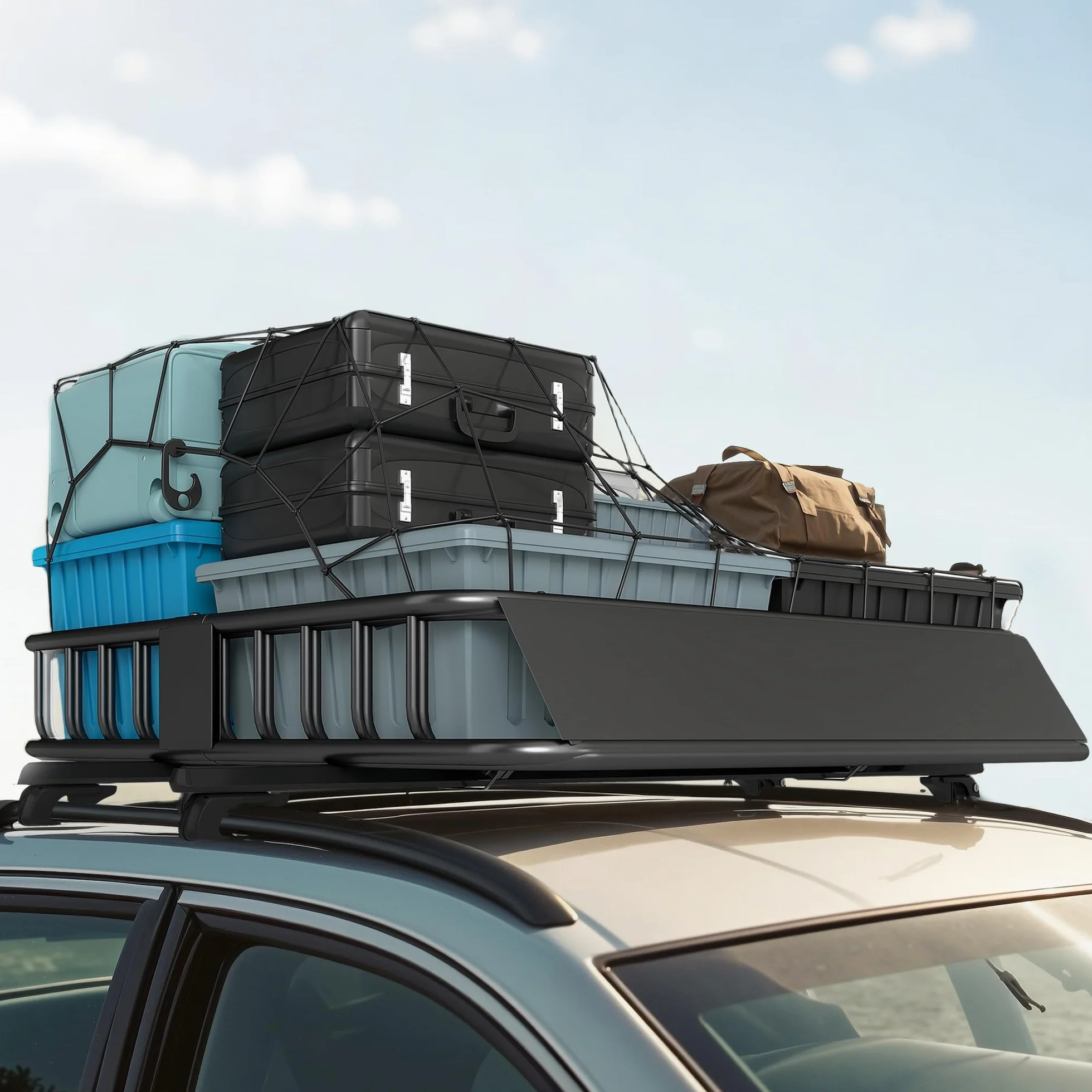 HOMCOM Portapacchi Auto Tetto da 90.7 kg, Cestello Portapacchi Auto Universale con Deflettori, Barre Laterali, Portabagagli in Acciaio, per SUV, Pickup, Fuoristrada, Berline, 110.5x99.5x18.5 cm, Nero