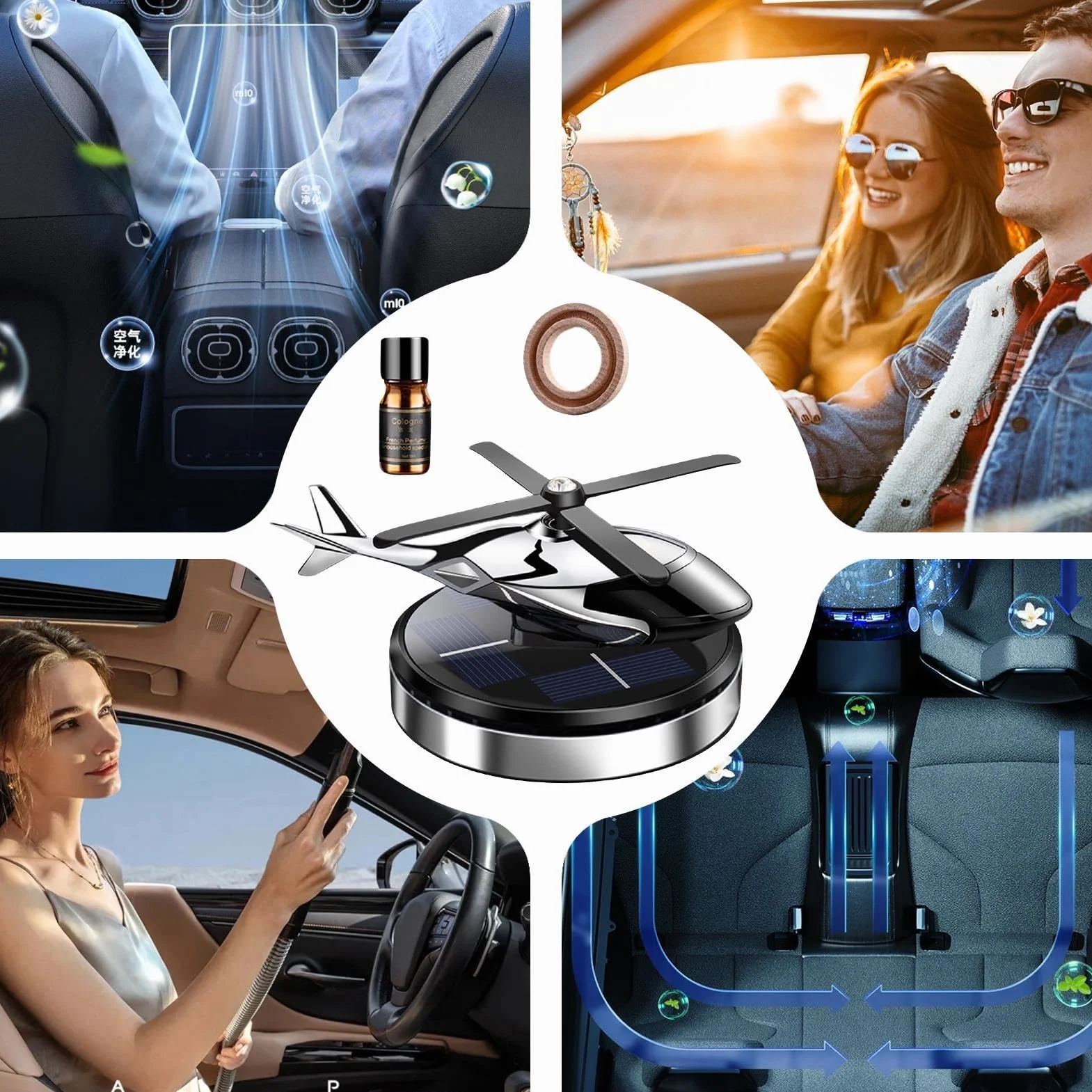 Deodorante per auto a forma di elicottero ad energia solare diffusore rotante aromaterapia con profumi naturali