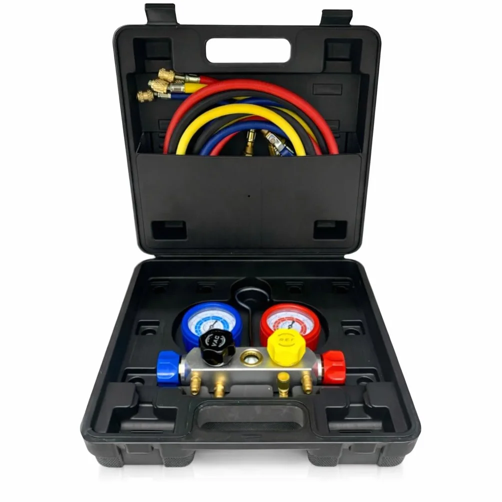 Kit Gruppo Manometrico 4 Vie per Gas Refrigerante R290 R22 R32 R410A – Manifold HVAC con 4 Flessibili 150cm Alta Pressione 800 PSI