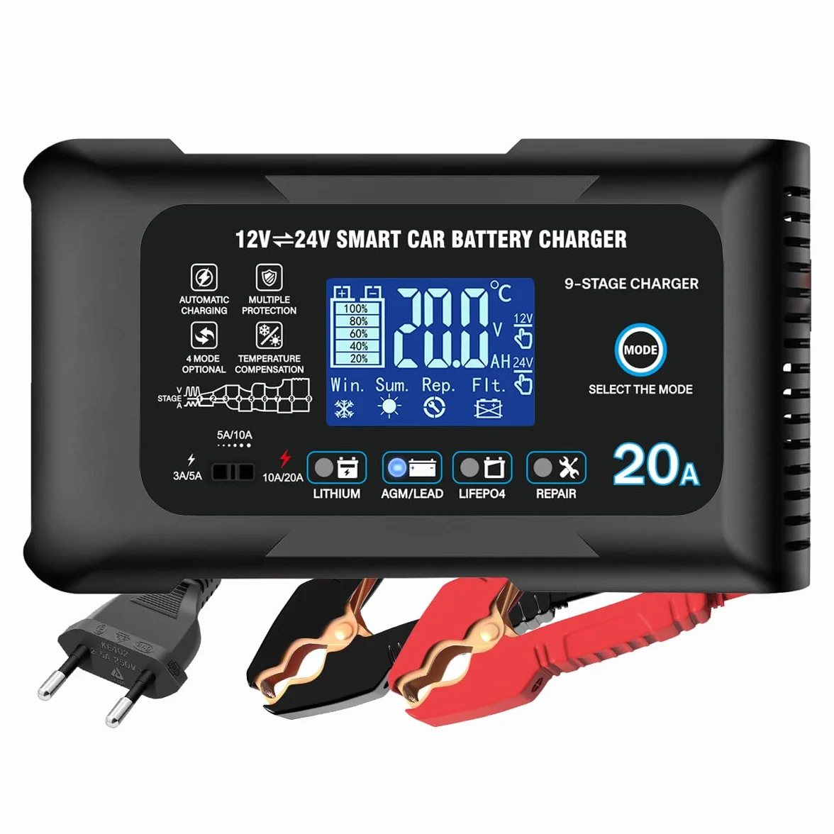 Haisito Caricabatterie da auto da 20 A, 12 V, 24 V, 20 A, caricatore di mantenimento e dispositivo di desolforazione, adatto per litio, LiFePO4, acido piombo (AGM, gel, ecc.) moto, auto, barche