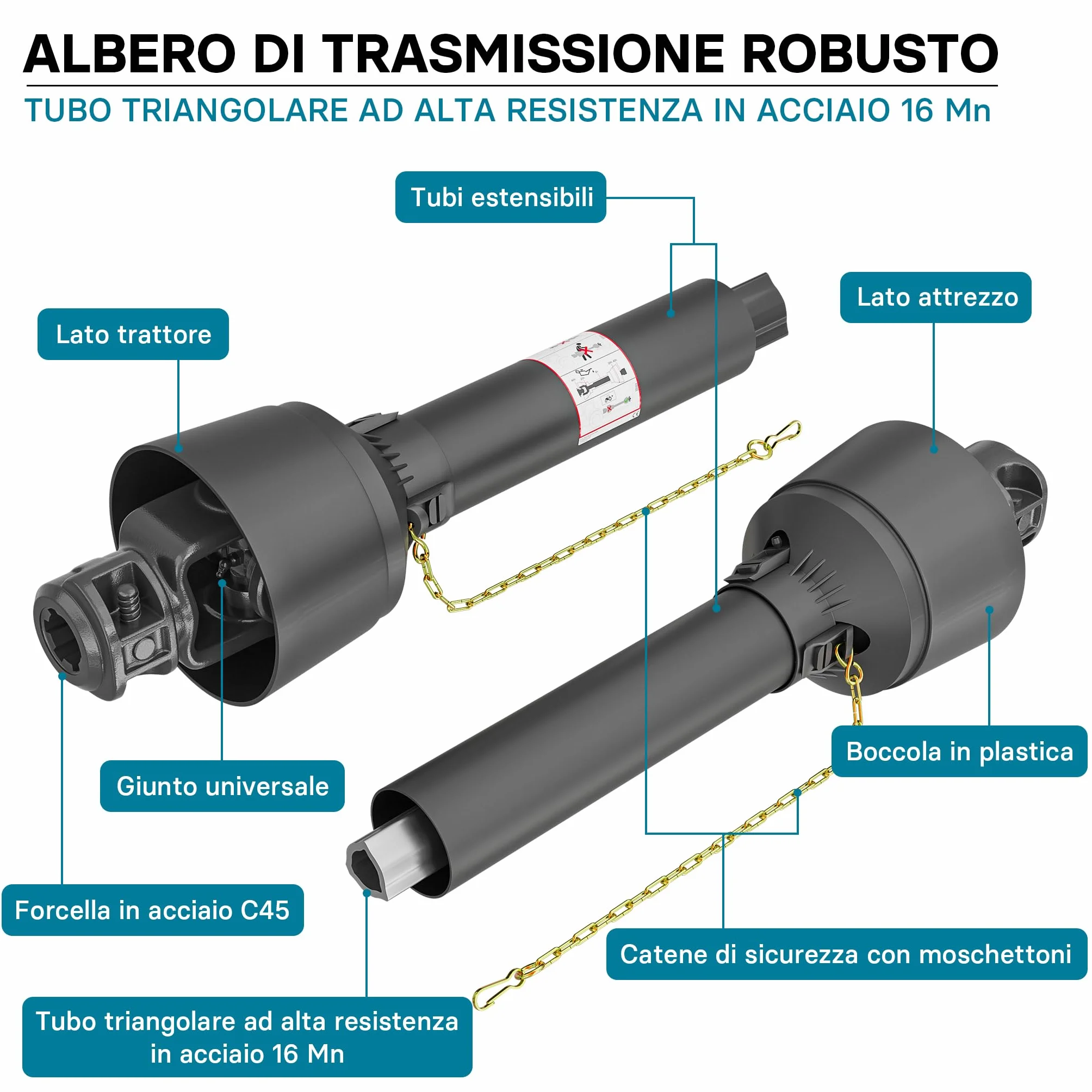 Wiltec Albero cardanico T2 Giunto cardanico 750mm 270Nm 540rpm Cardano 23kW (31CV) 2X 1 3/8" 6 Denti