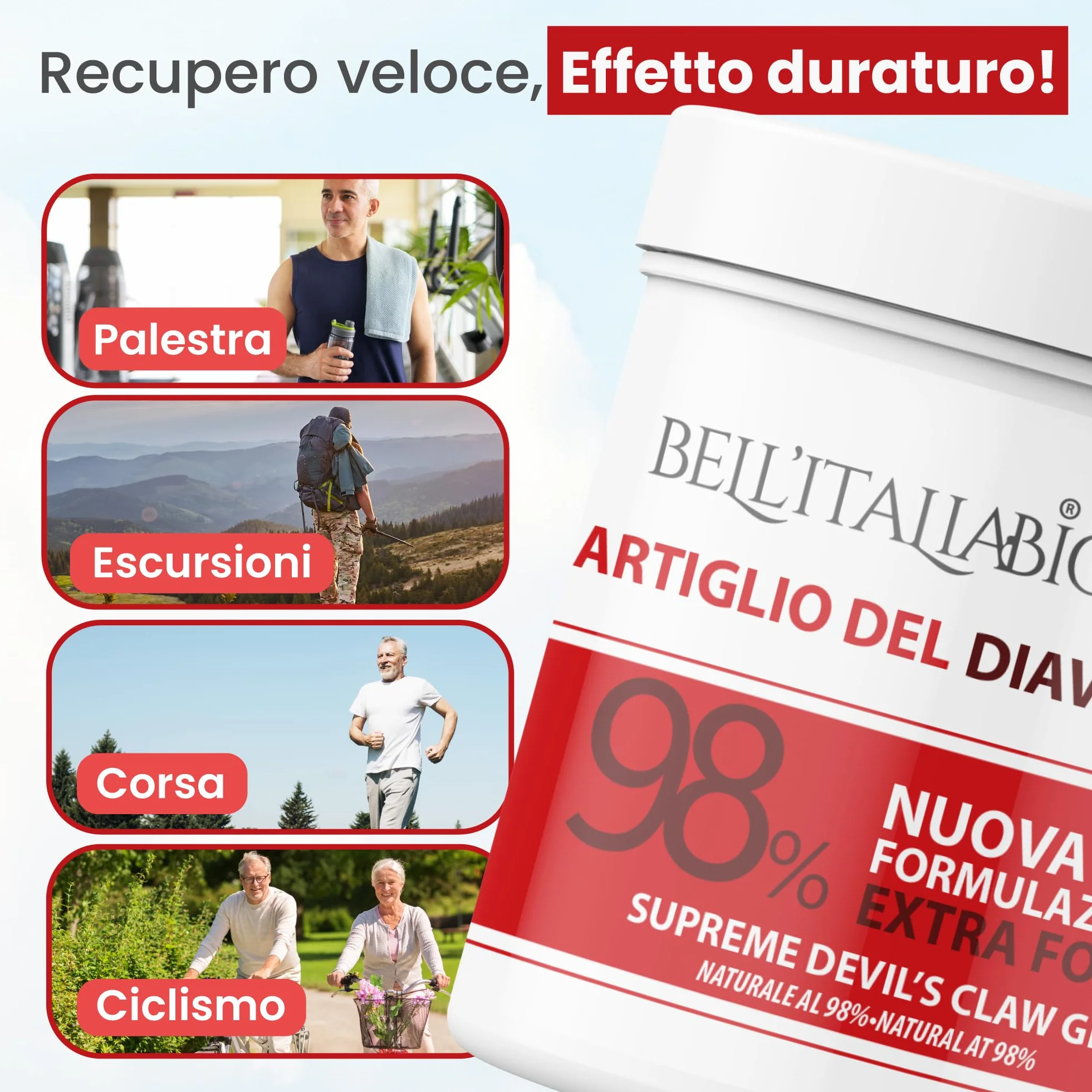 Gel Artiglio del Diavolo Extra Forte 98% 550ml Massaggi Muscoli Crema Recupero Sportiva Collagene Acido Ialuronico Bell'ItaliaBio Made in Italy
