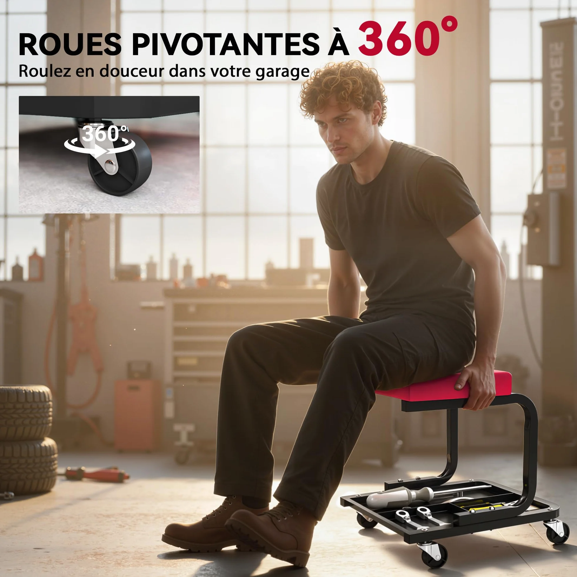 HOMCOM Sgabello da meccanico sgabello mobile da officina, portata 135 kg, incluso vassoio porta attrezzi, sedile da officina con rotelle lisce, girevole a 360°, per manutenzione, riparazioni auto,