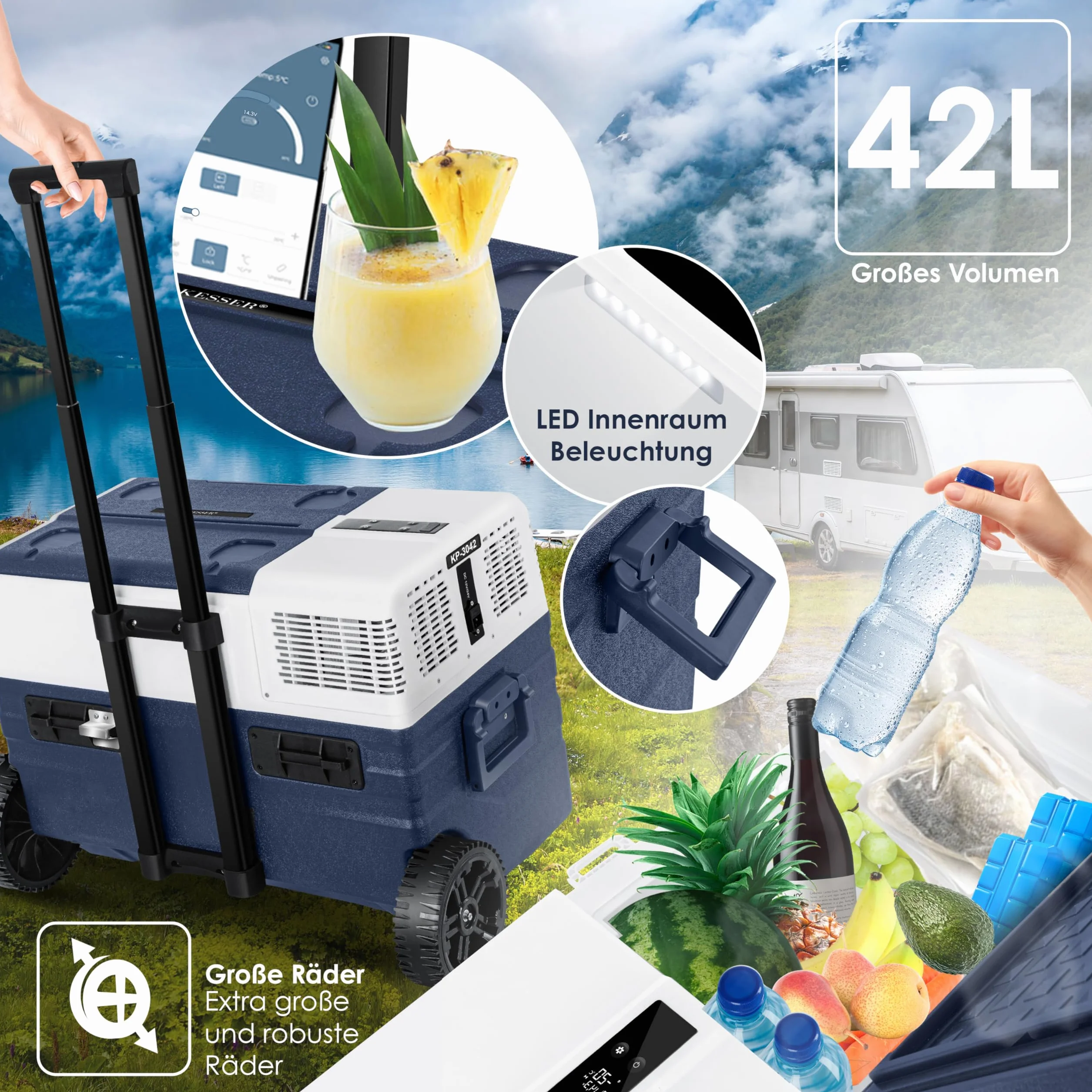 KESSER® Compressore Box congelatore elettrico Congelatore 42 litri, con controllo APP connessione USB 12/24 V 230V, +Telescopico Ruote Frigorifero raffreddamento a -20 ° C per auto, camion, barca
