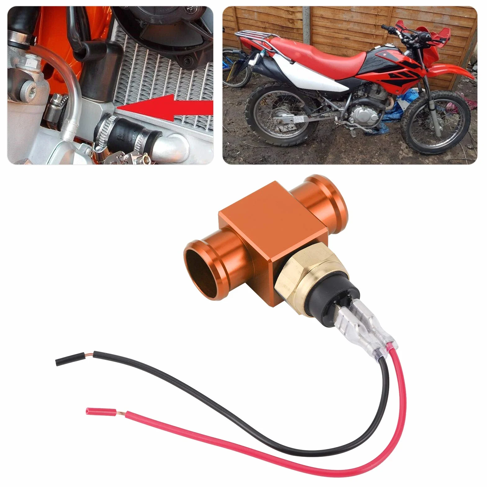 Interruttore di temperatura, termostato in lega di alluminio Interruttore temperatura acqua Radiatore Sensore temperatura ventola refrigerante Sensori temperatura per moto ATV Fuoristrada(arancia)