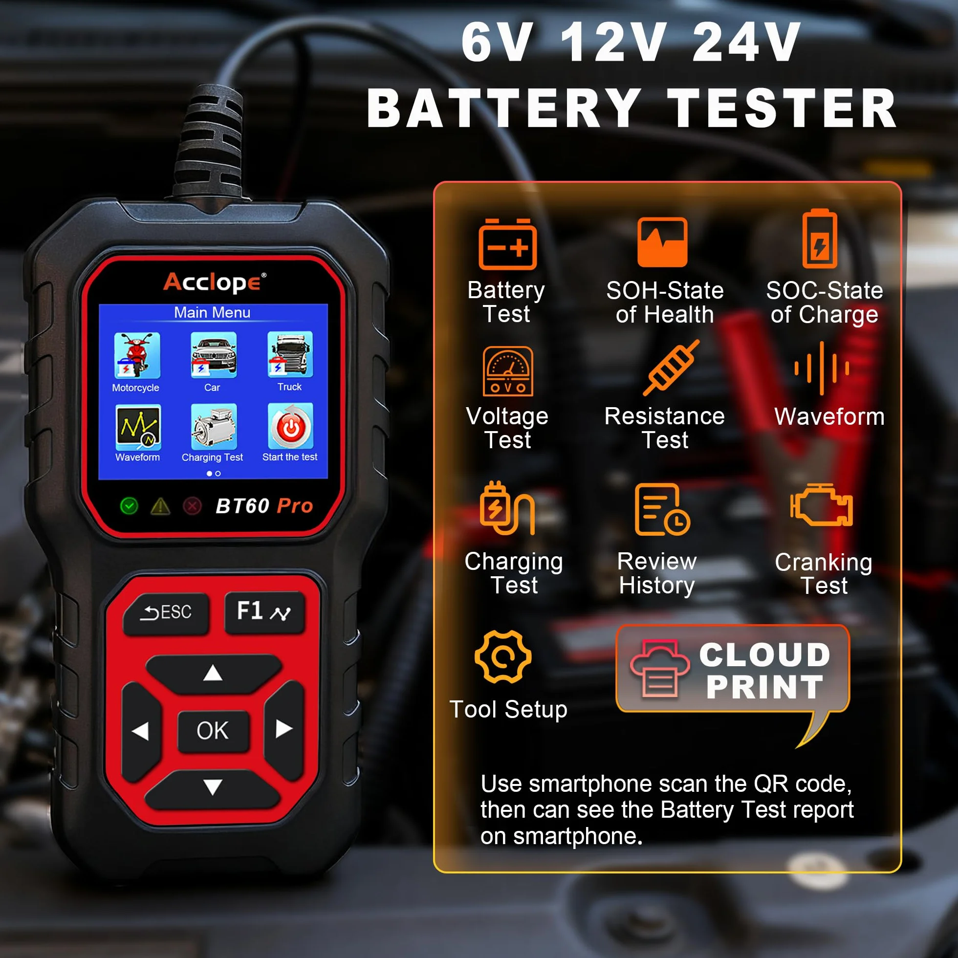 BT60 Pro Tester Digitale per Batterie Auto, CCA 100-3000, Analizzatore 6V 12V 24V, Sistema di Diagnostica Alternatore per Auto, Moto, Camion, Compatibile con AGM, Litio, Gel