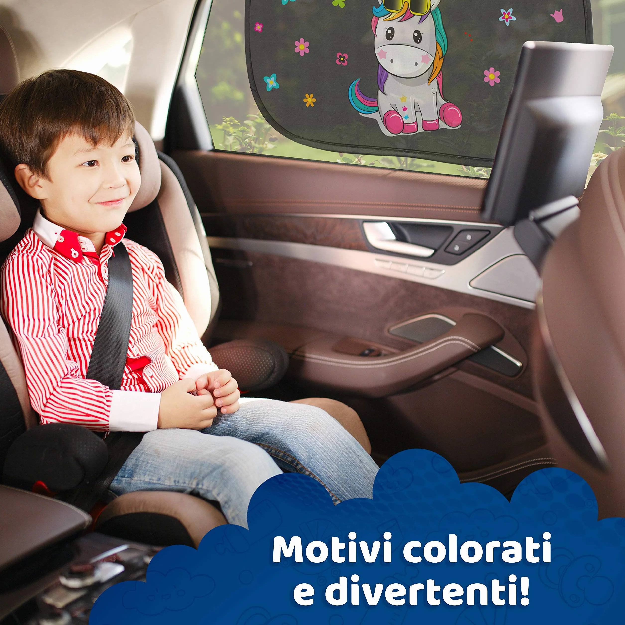 Tendine Parasole Auto Bambini - Protezione Solare 99% Dai Raggi UV - 2 Pezzi 51x31 cm 80g/m2 - Accessori Macchina Per Interno Tende Oscuranti - Design Neonati E Bimbi (Unicorno)