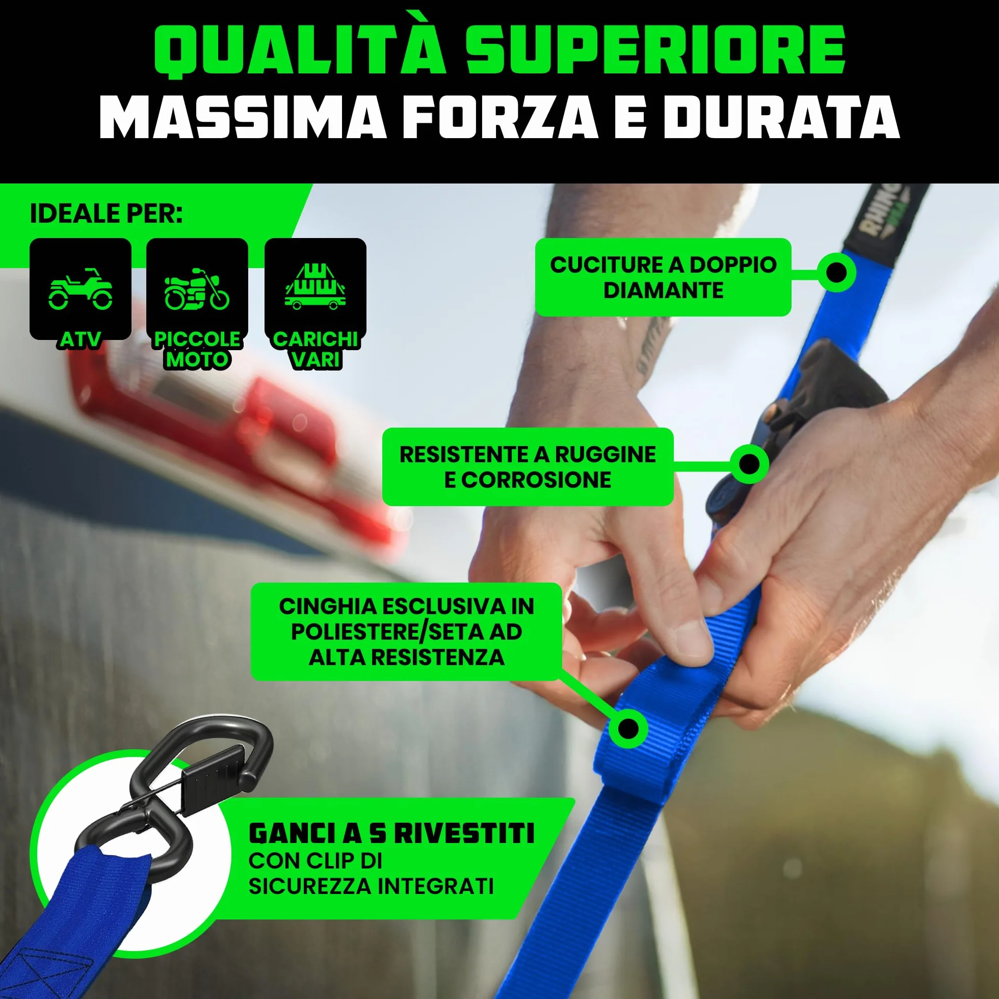 Rhino USA Cinghie a Cricchetto Retrattili 2.5cm x 3m 540kg Confezione da 2 Blu