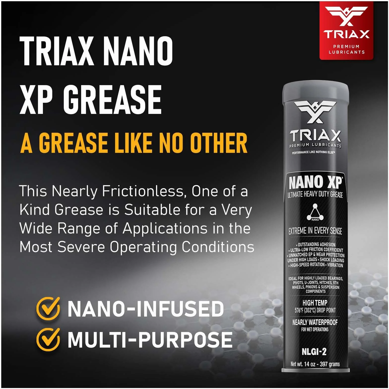 TRIAX Nano XP Grasso Ultra Heavy Duty, Completamente Sintetico con Nano Fullerene, Punto di Goccia >330°C, Carico EP Estremo. Per Cuscinetti ad Alta Temperatura, Telaio/5a Ruota, Applicazioni Marine