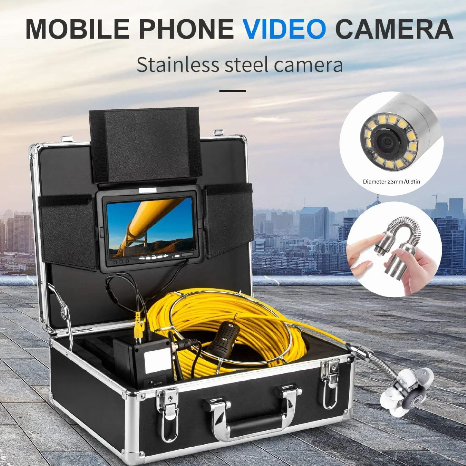 Endoscopio Professionale 23mm Testa Telecamera Ispezione Fognature Acciaio Inossidabile IP68 12 LED