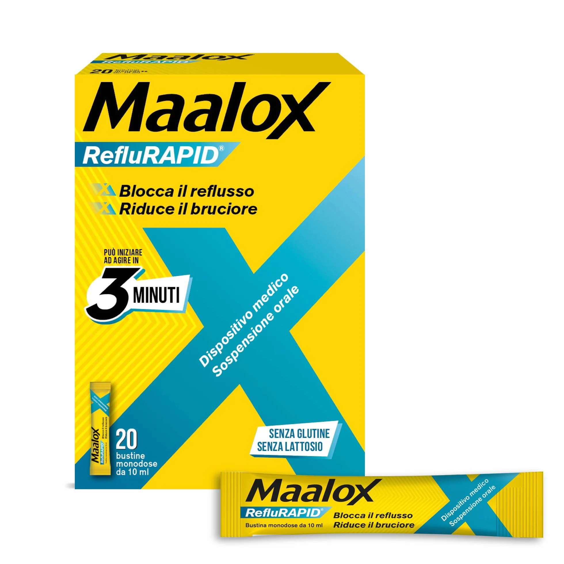 Maalox Reflurapid 20 Bustine Gusto Menta - Blocca Reflusso Gastroesofageo, Riduce Bruciore e Acidità di Stomaco, Senza Glutine, Senza Lattosio