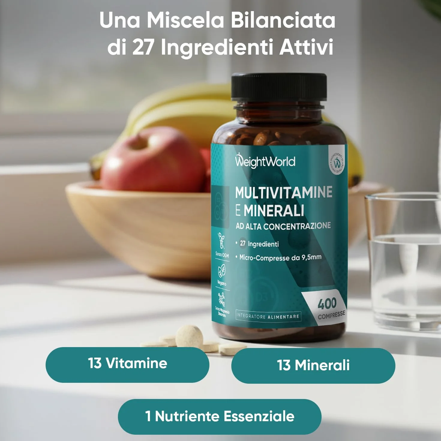 Multivitaminico Completo 400 Micro Compresse Vegane 27 Ingredienti Essenziali Uomo Donna Vitamine A B C D E K Ferro Zinco Potassio