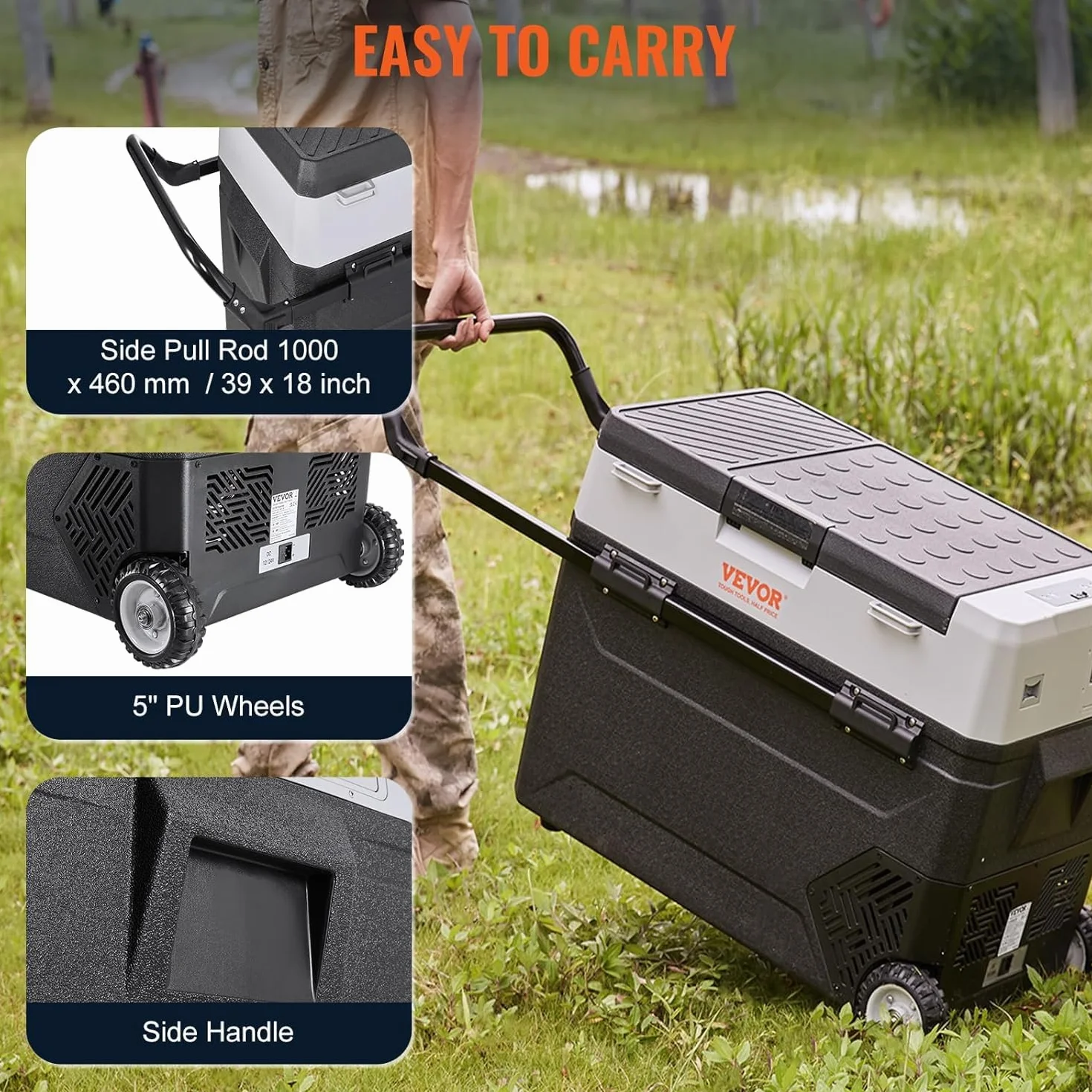 VEVOR Frigo Portatile per Auto, 53 Litri Frigorifero Compressore Congelatore Elettrico CC e CA per Campeggio con Manico Telescopico e Ruote 0,6kW.h da -20°C a 10°C Regolabile per Auto Camion Barca