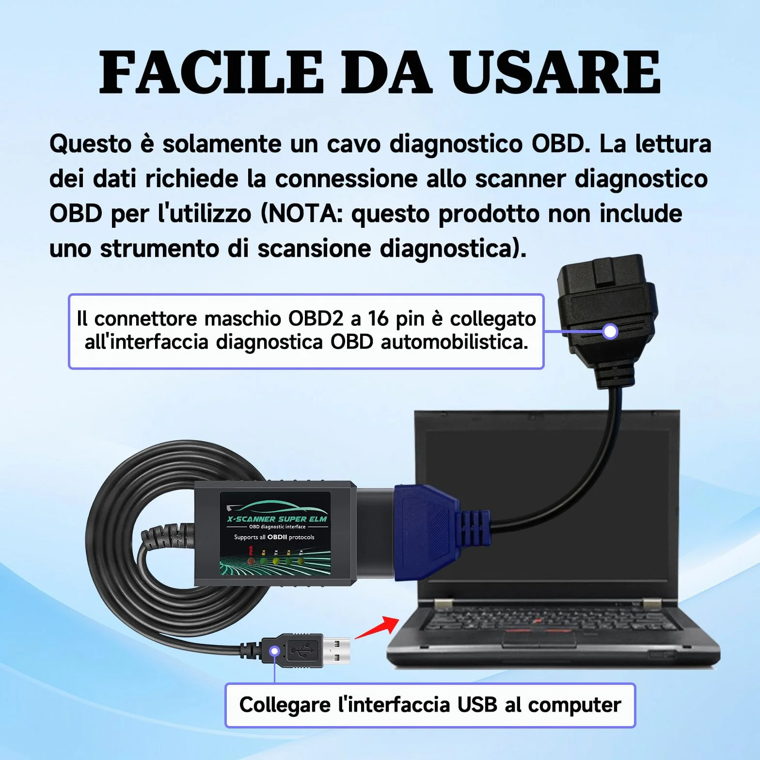 Adattatore OBD2 MultiECUScan A5 compatibile Fiat Jeep Chrysler Dodge Lancia cavo diagnostico Fiatecuscan Blu