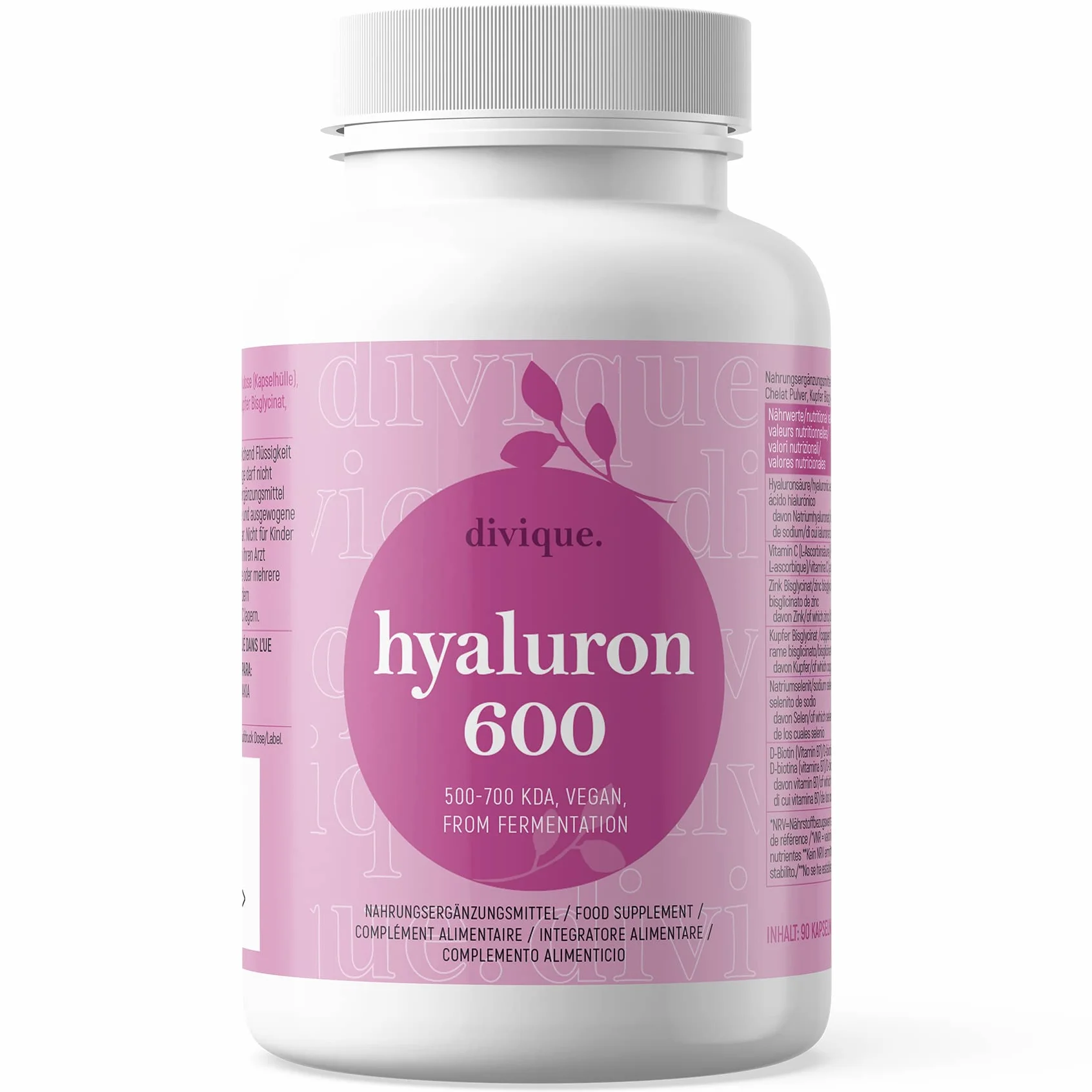 Acido Ialuronico 600mg Alto Dosaggio - Divique Hyaluron 600-90 Capsule 500-700 kDa con Vitamina C, Zinco, Rame, Selenio e Biotina