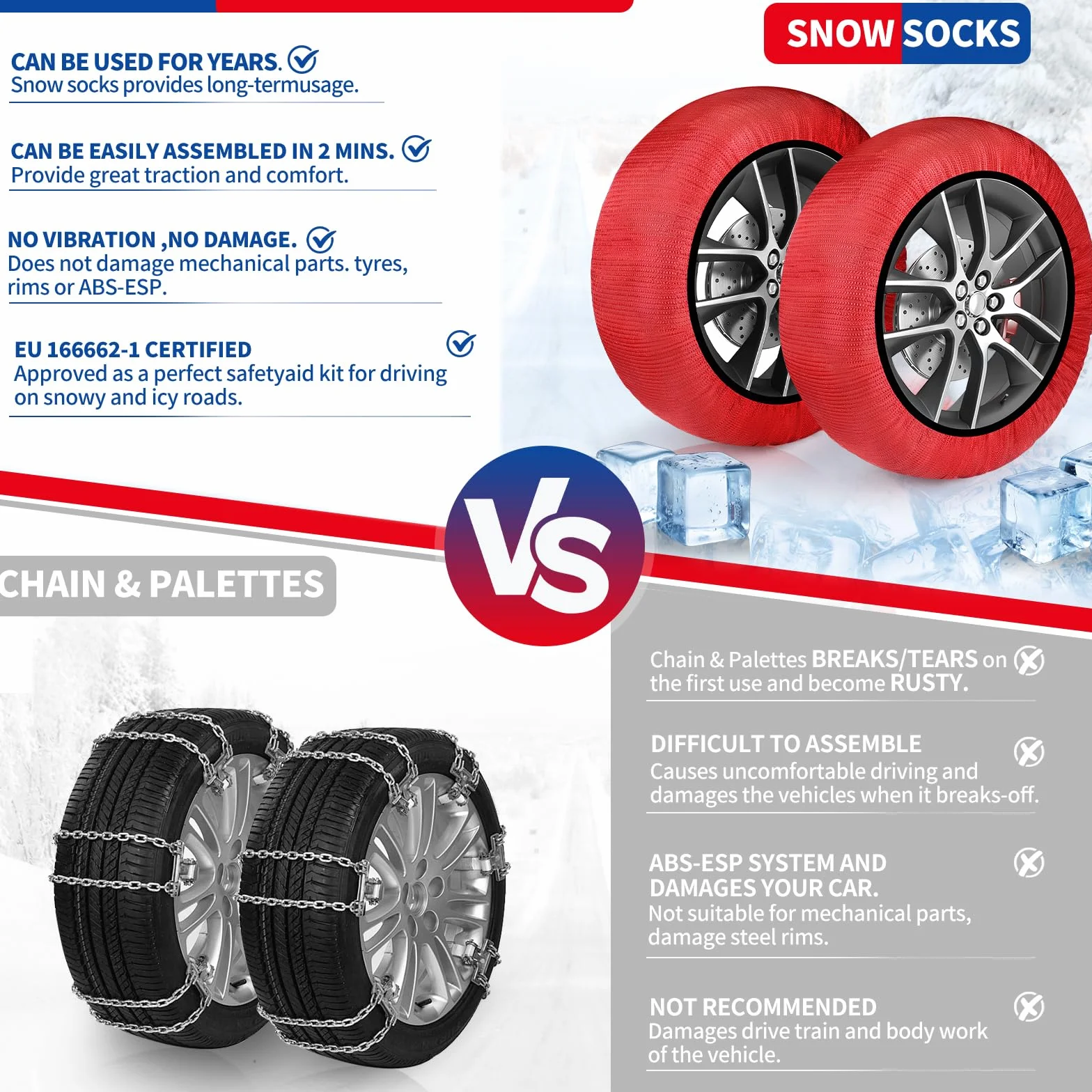 SWAWIS Catze da Neve Omologate EN 16662-1 Catene da Neve in Tessuto Taglia XL per R14 - R22 Auto Universali, 1 Coppia Rosso