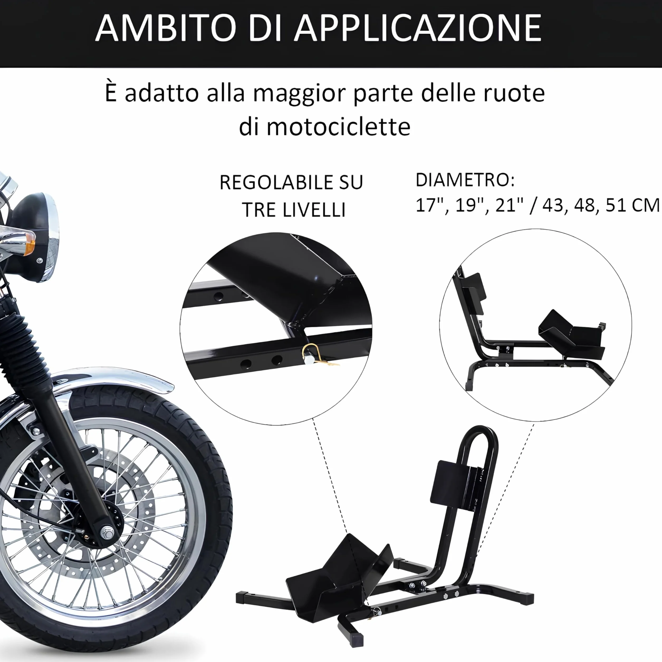 Blocca Ruota Moto Universale Regolabile 3 Livelli Anti-Caduta Peso Max 250 kg Metallo 60x55x43 cm Nero
