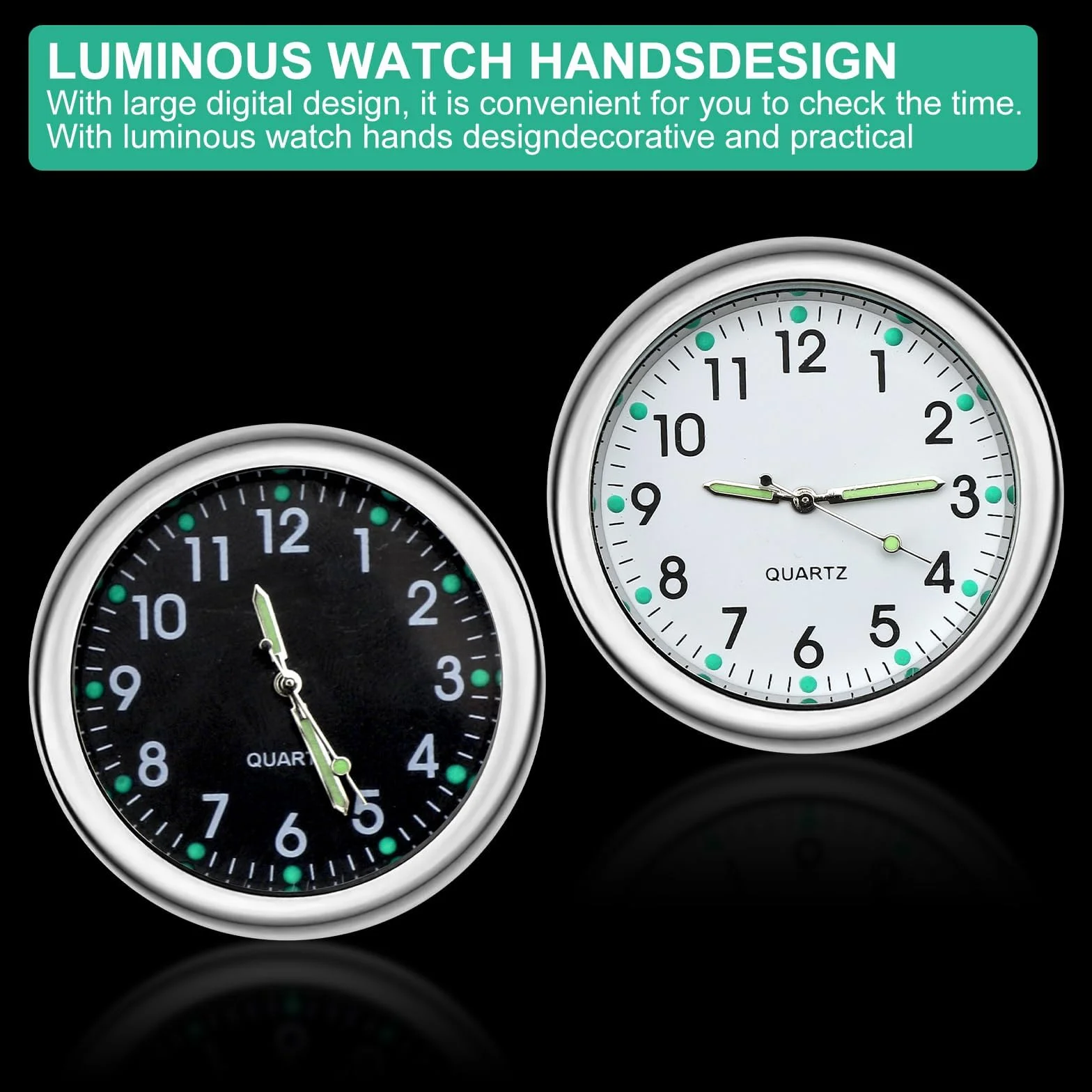TNSLAND Mini Orologio per Auto Analogico al Quarzo Luminoso con Adesivo Biadesivo e Clip di Ventilazione