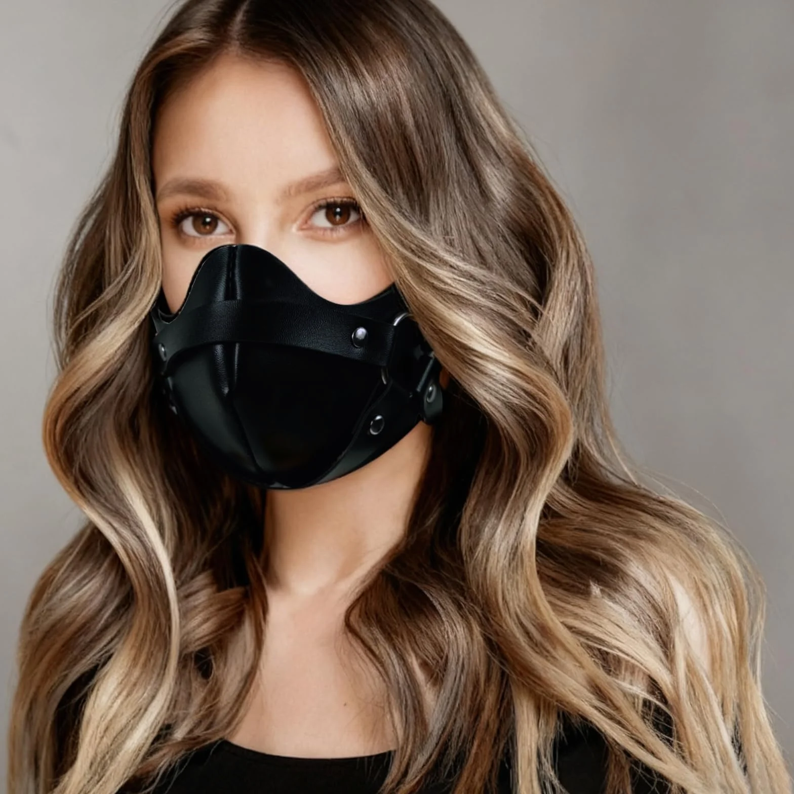 Maschera in pelle nera BDSM per adulti con boccaglio gotico e anello in metallo