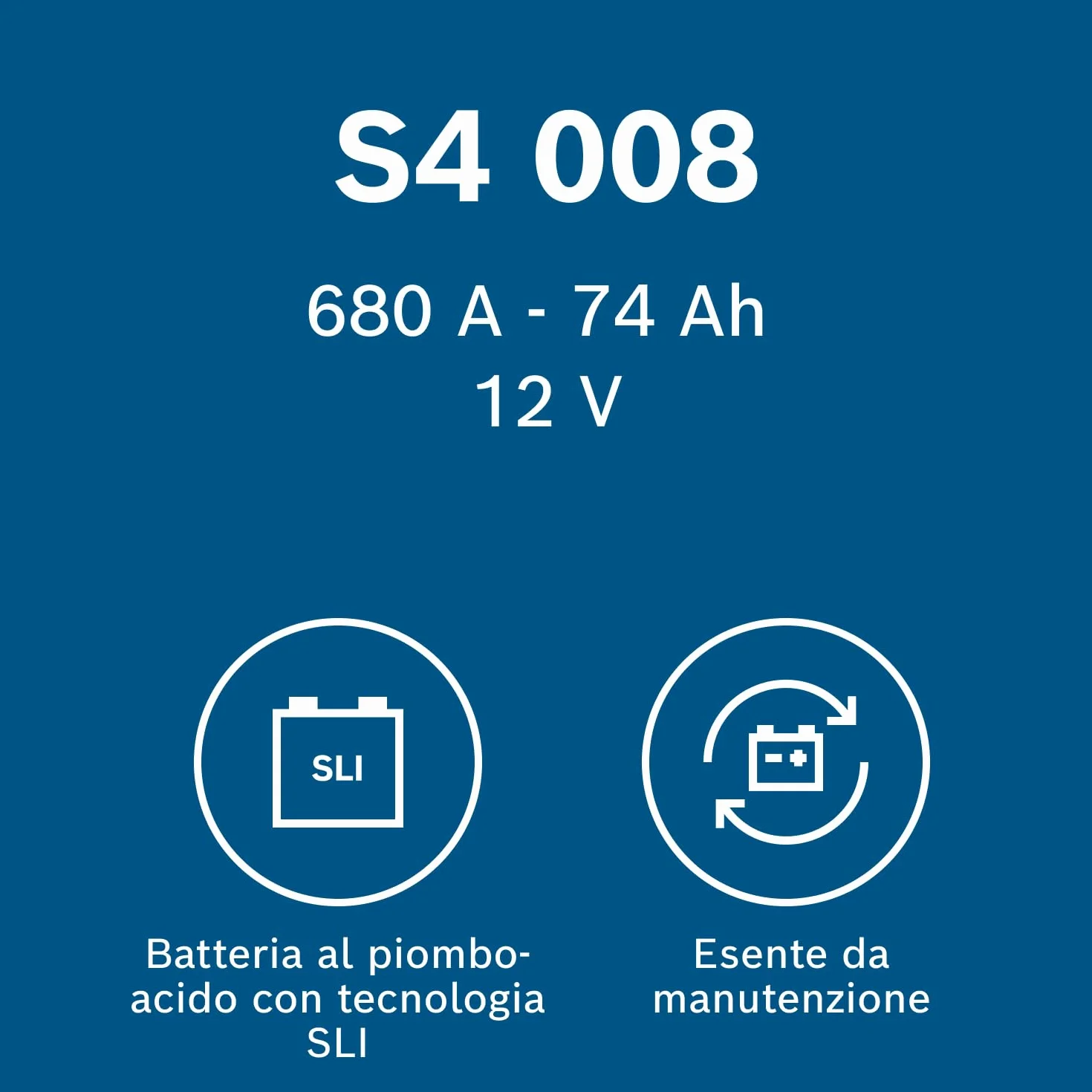 Bosch S4 008 Batteria per Auto 74 A/h - 680 A - 12 V, Batteria al Piombo-Acido per Veicoli senza Sistema Start/Stop, Polarità: Sinistra (-) Destra (+), 278 x 175 x 190 mm
