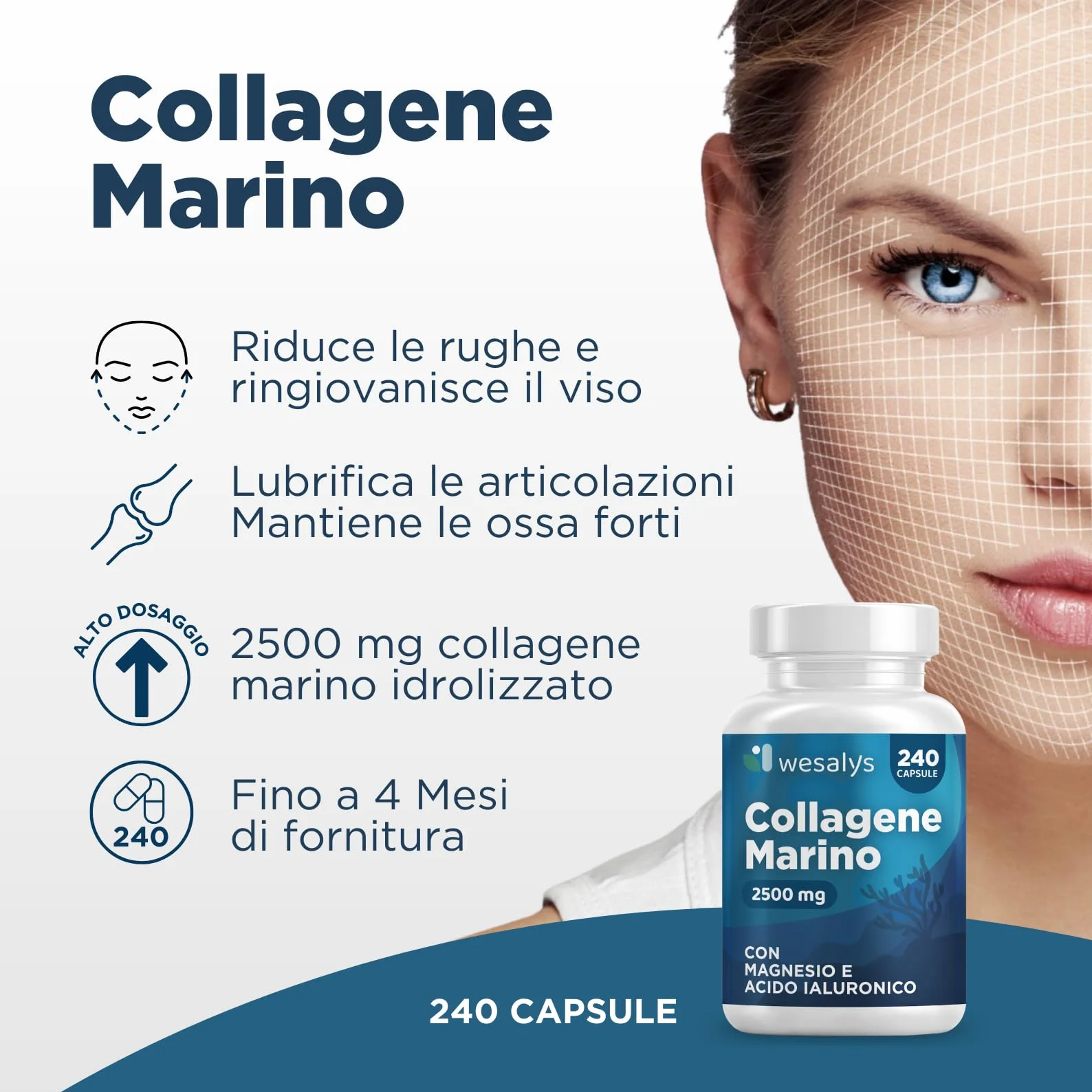 Collagene Marino con Acido Ialuronico 240 Capsule 2500mg Integratore Biotina Vitamina C Coenzima Q10 Pelle Capelli Articolazioni Wesalys