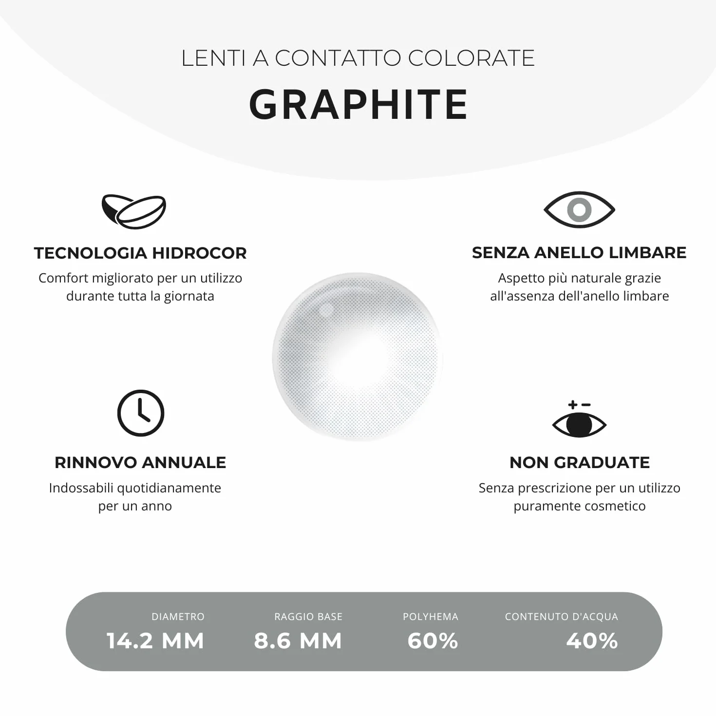Lenti a Contatto Colorate Grigie Naturali GRAPHITE Kit Completo 2 Lenti Annuali Non Graduate per Occhi Scuri