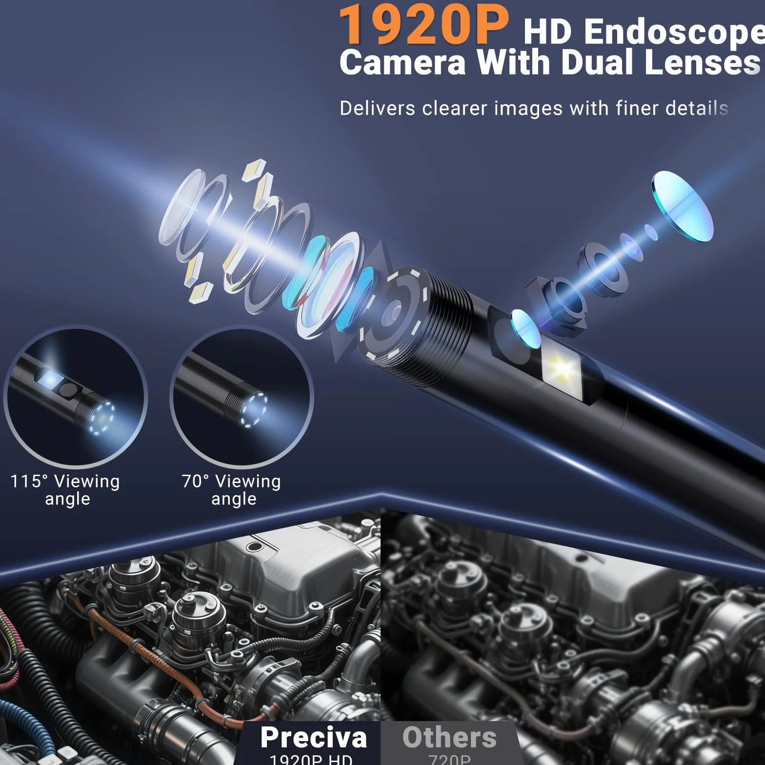 Endoscopio per Smartphone 1920P HD Sonda Doppia Telecamera Ispezione Tubi Impermeabile Cavo Semirigido 5m Gancio Adattatore Android iOS