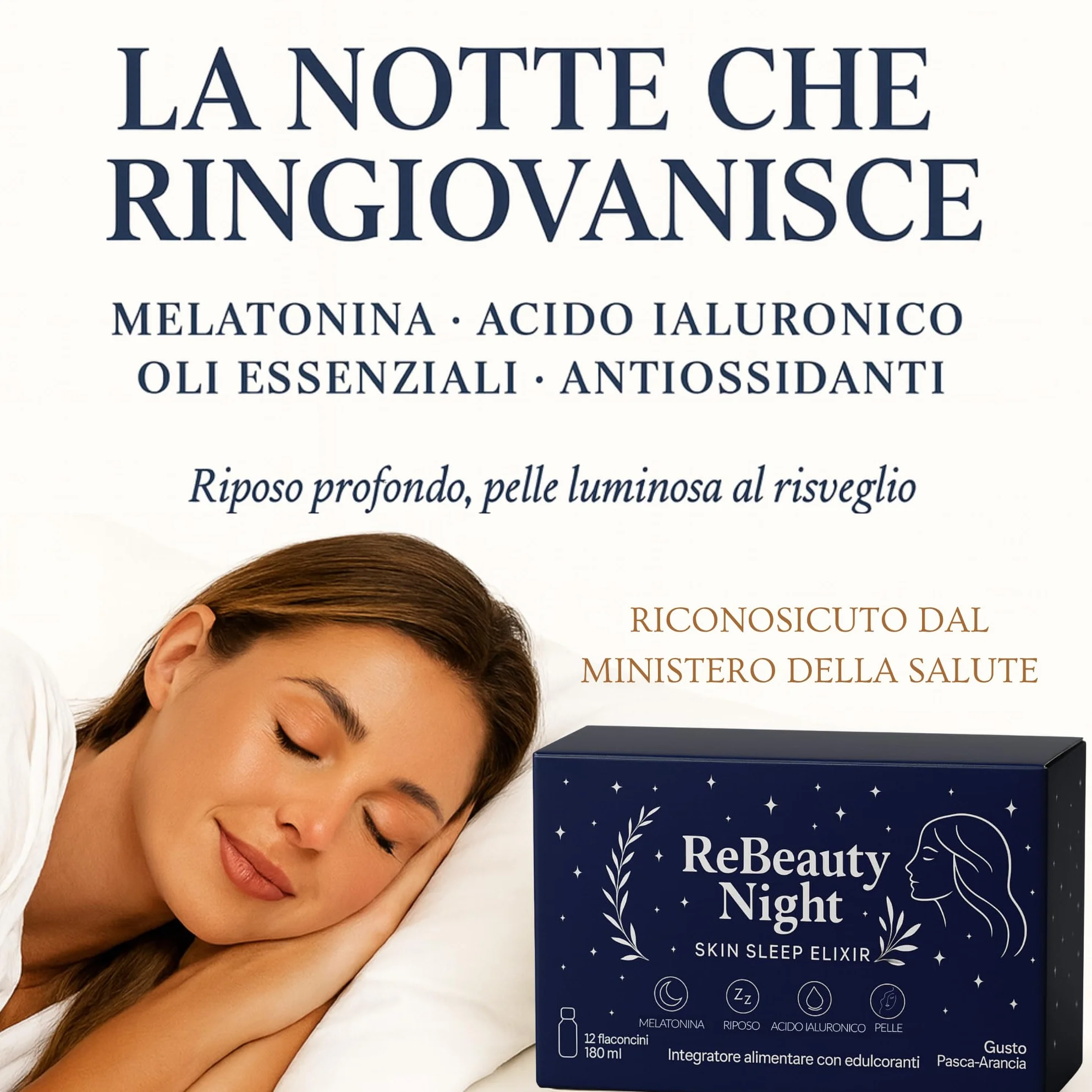 ReBeauty Night Trattamento Anti-Età Sonno Profondo Antirughe Integratore Notte con Acido Ialuronico Melatonina Vitamine 12 Flaconcini 15ml