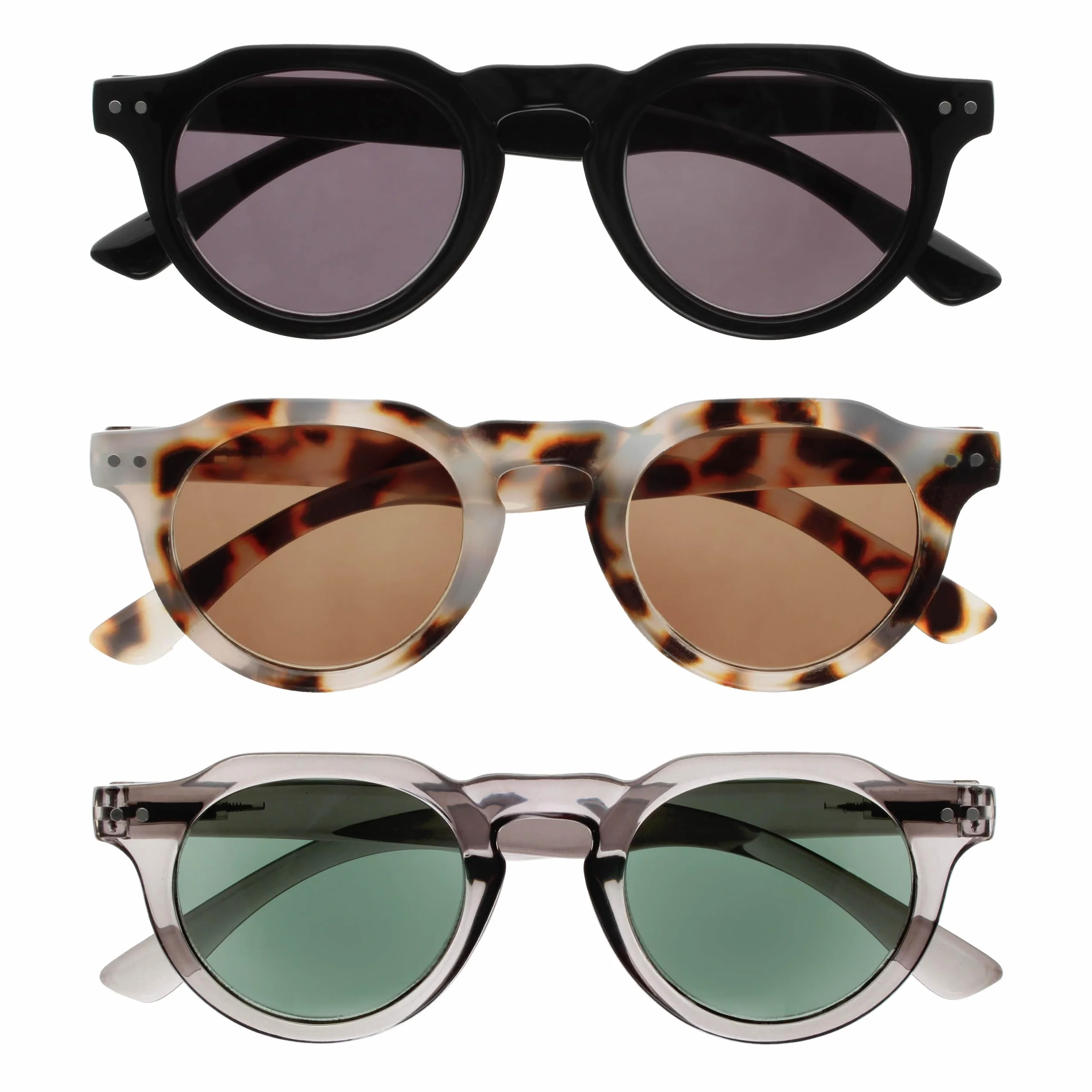 OPULIZE RIO Set da 3 Occhiali da Lettura con Lente da Sole UV400 Nero Marrone Grigio Uomo Donna +3.00