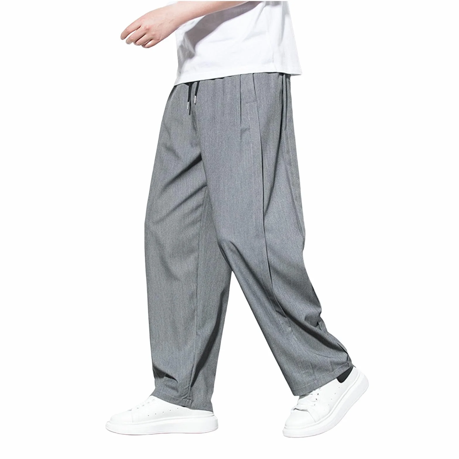 Pantaloni lunghi da uomo estivi a gamba larga in tessuto con tasche tinta unita