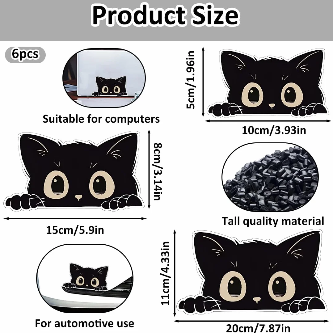 WUY Adesivi per paraurti auto,6 adesivi per auto con gatti neri (2 piccoli + 2 medi + 2 grandi), materiale PVC impermeabile, design cartoon, a forma di gatto, lavabili, resistenti ai raggi UV.