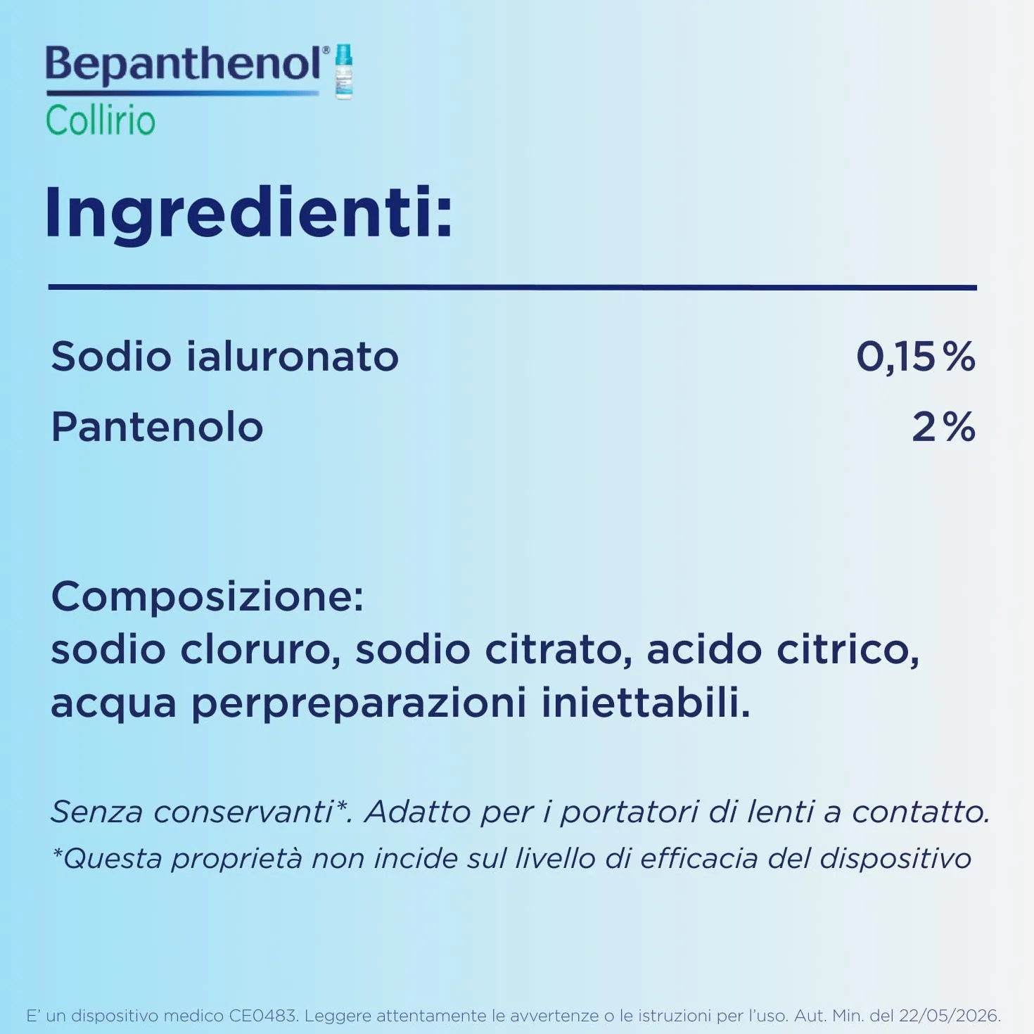 Bepanthenol Collirio Flacone 10 ml – Gocce Oculari con Acido Ialuronico 0,15% e Pantenolo – Lacrime Artificiali Senza Conservanti