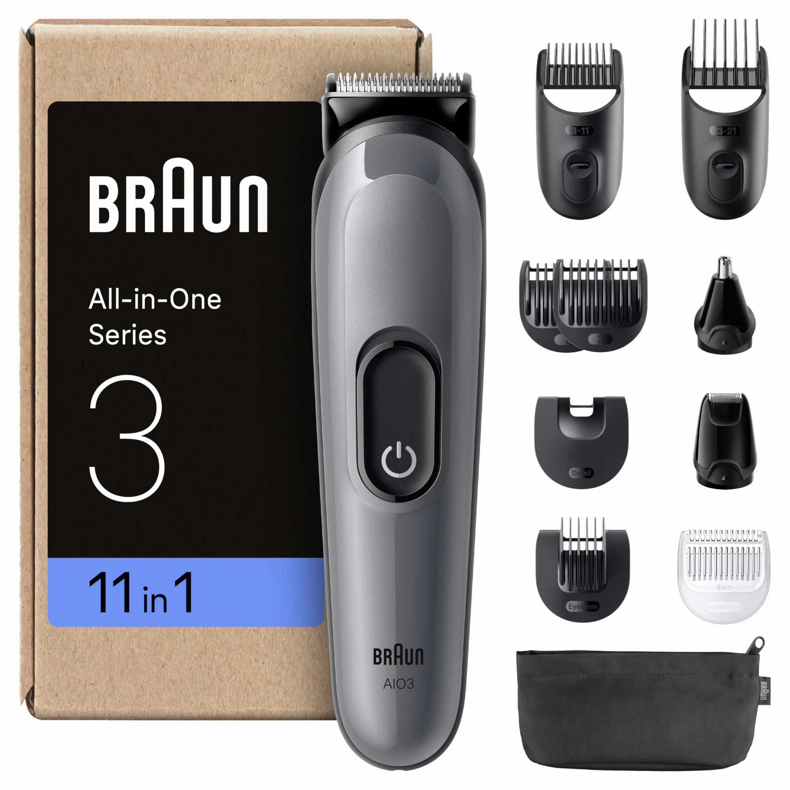 Braun Series 3 All-in-One Rifinitore Rasoio Elettrico Barba e Capelli 11in1 Lama Ultra Affilata 14 Lunghezze 50 Minuti Autonomia Aio3565 Grigio