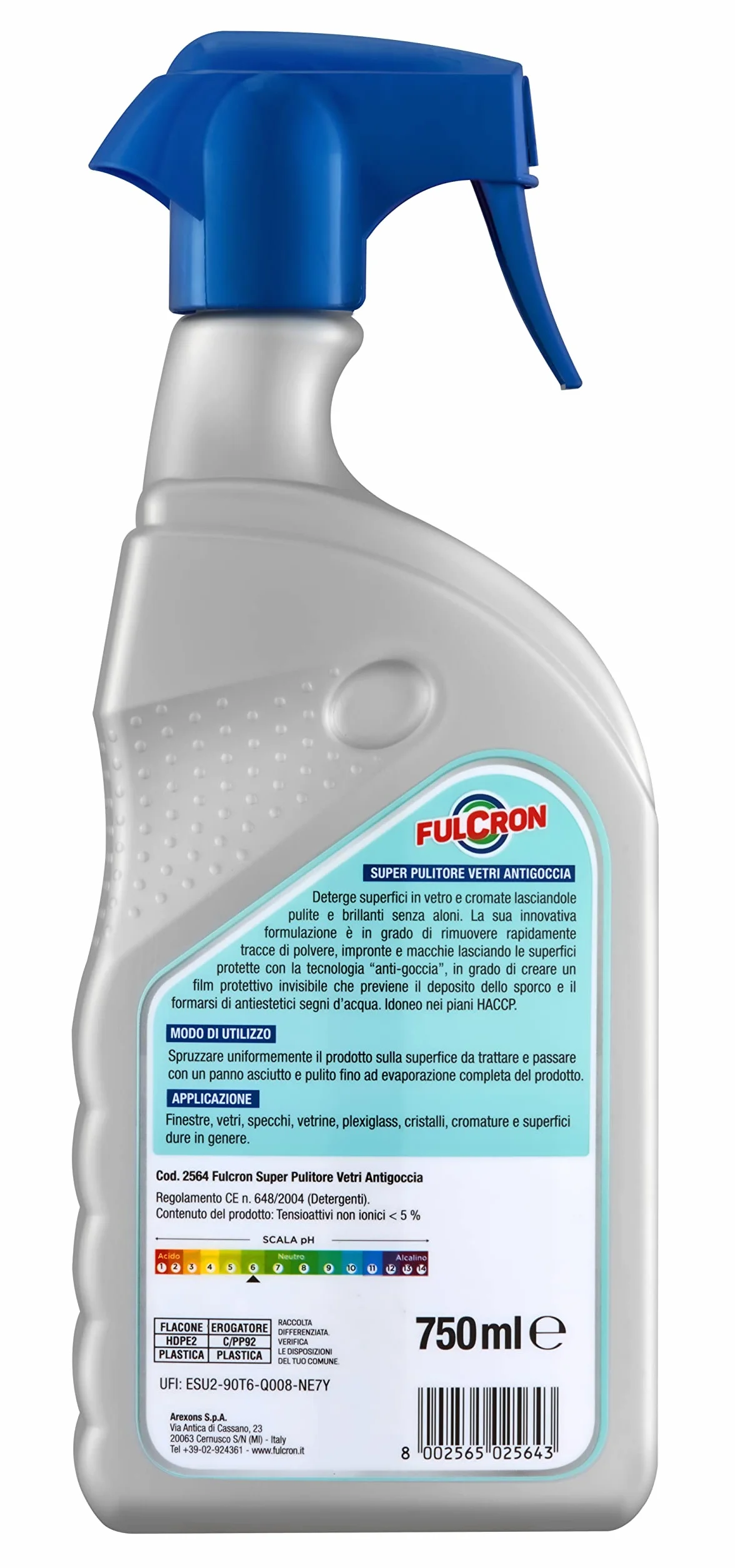 FULCRON 2564 Super Pulitore Vetri 750 ml, Detergente Vetri, Specchi, Cristalli