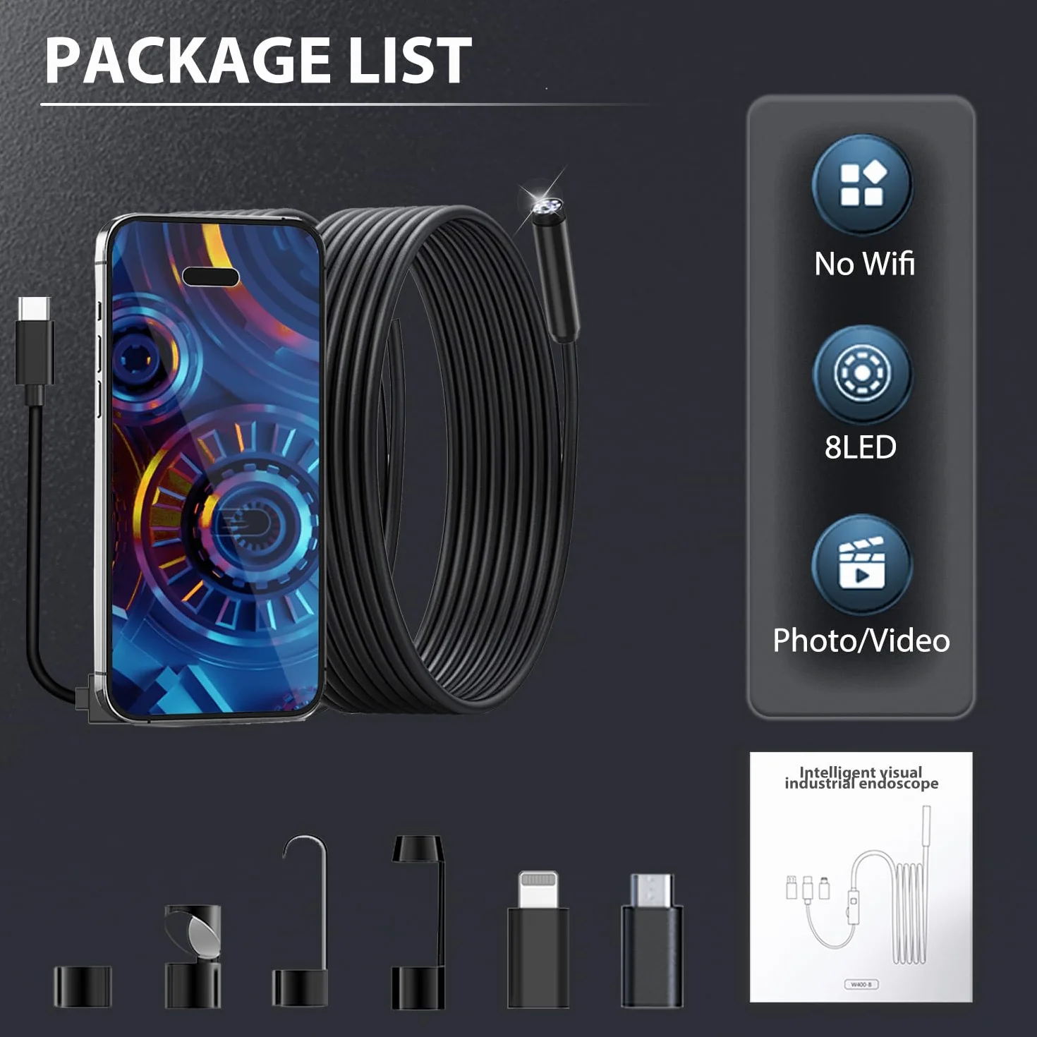 Endoscopio WiFi 1080P HD 10M IP67 con Sonda Semirigida per Smartphone iOS Android