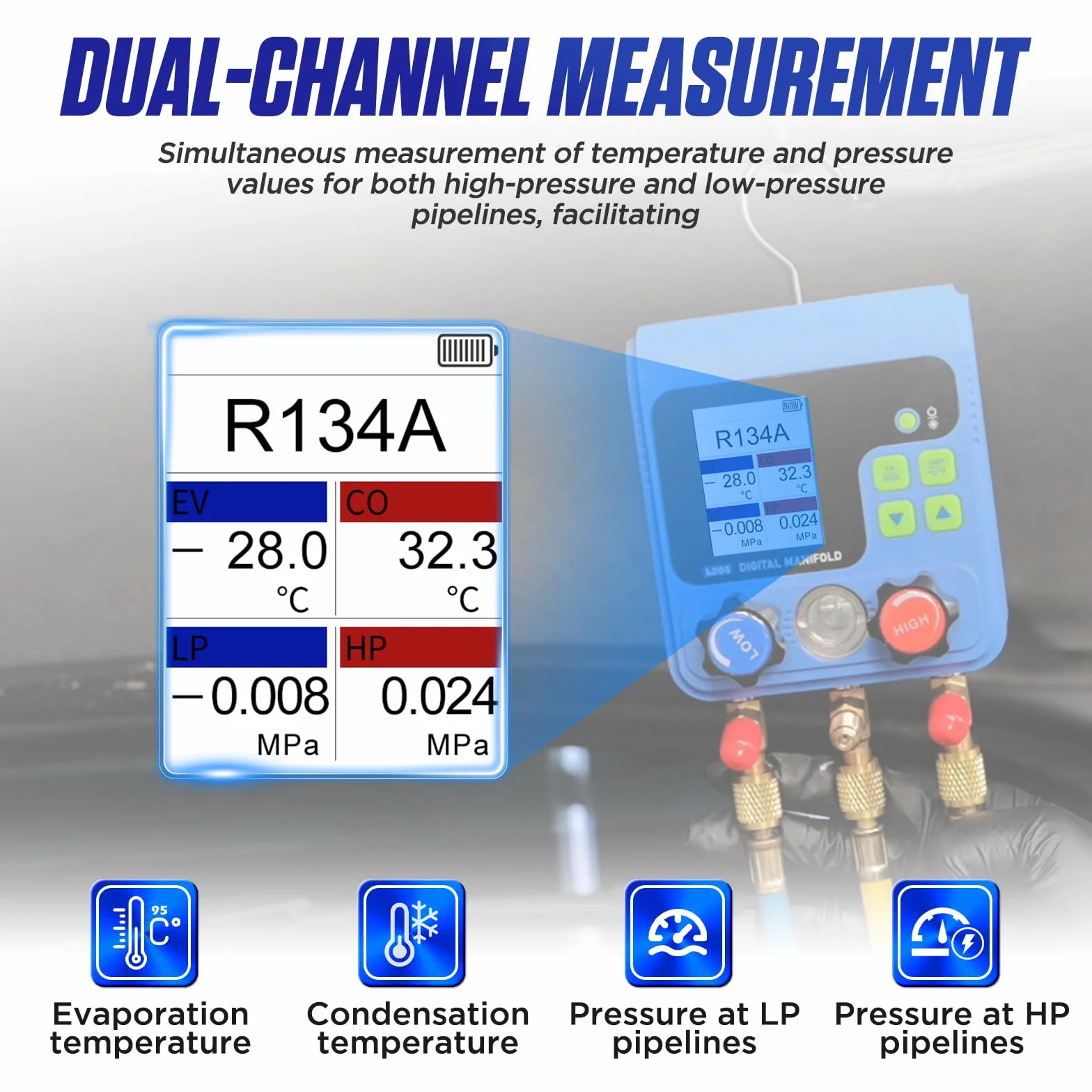 PLAYOCCAR HVAC Indicatori 92 tipi di kit di manometri digitali del refrigerante con TFT LCD, doppio test di pressione,Kit di ricarica del refrigerante Manometro per aria condizionata sottovuoto