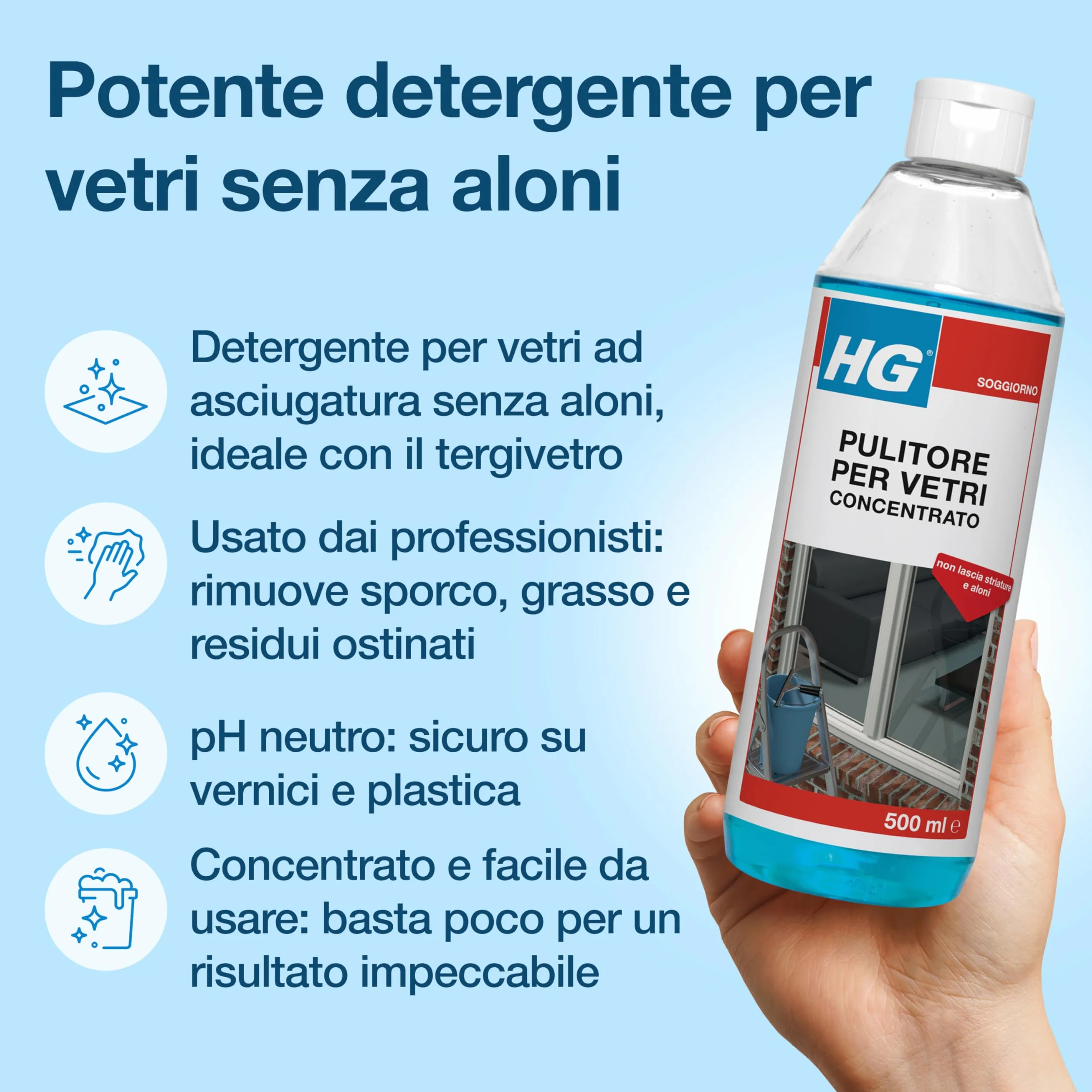 HG Detergente per Vetri Concentrato 500ml Lucentezza Senza Aloni