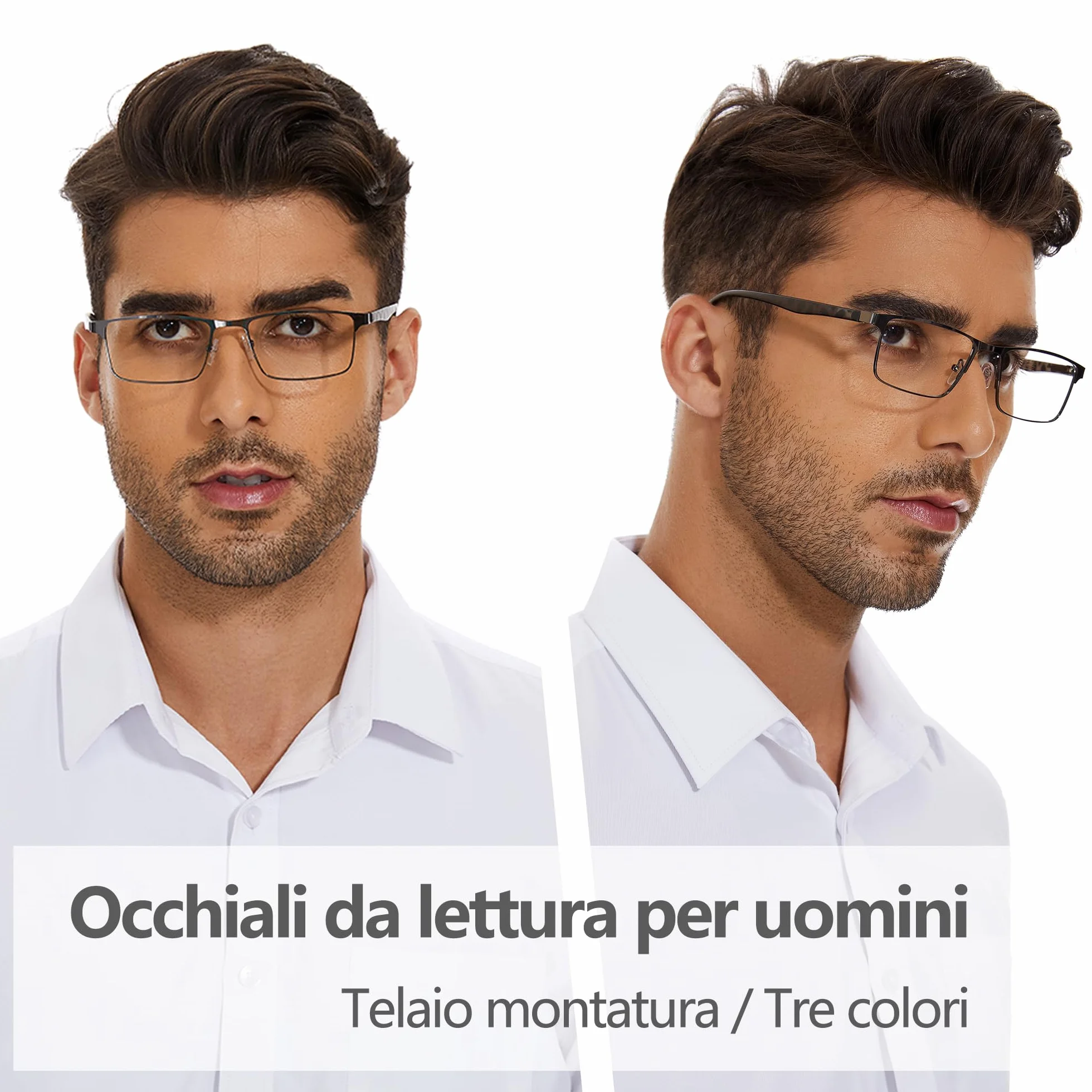 Occhiali da lettura da uomo, Montatura Metallica Leggera con Protezione Luce Blu, 3 Paia