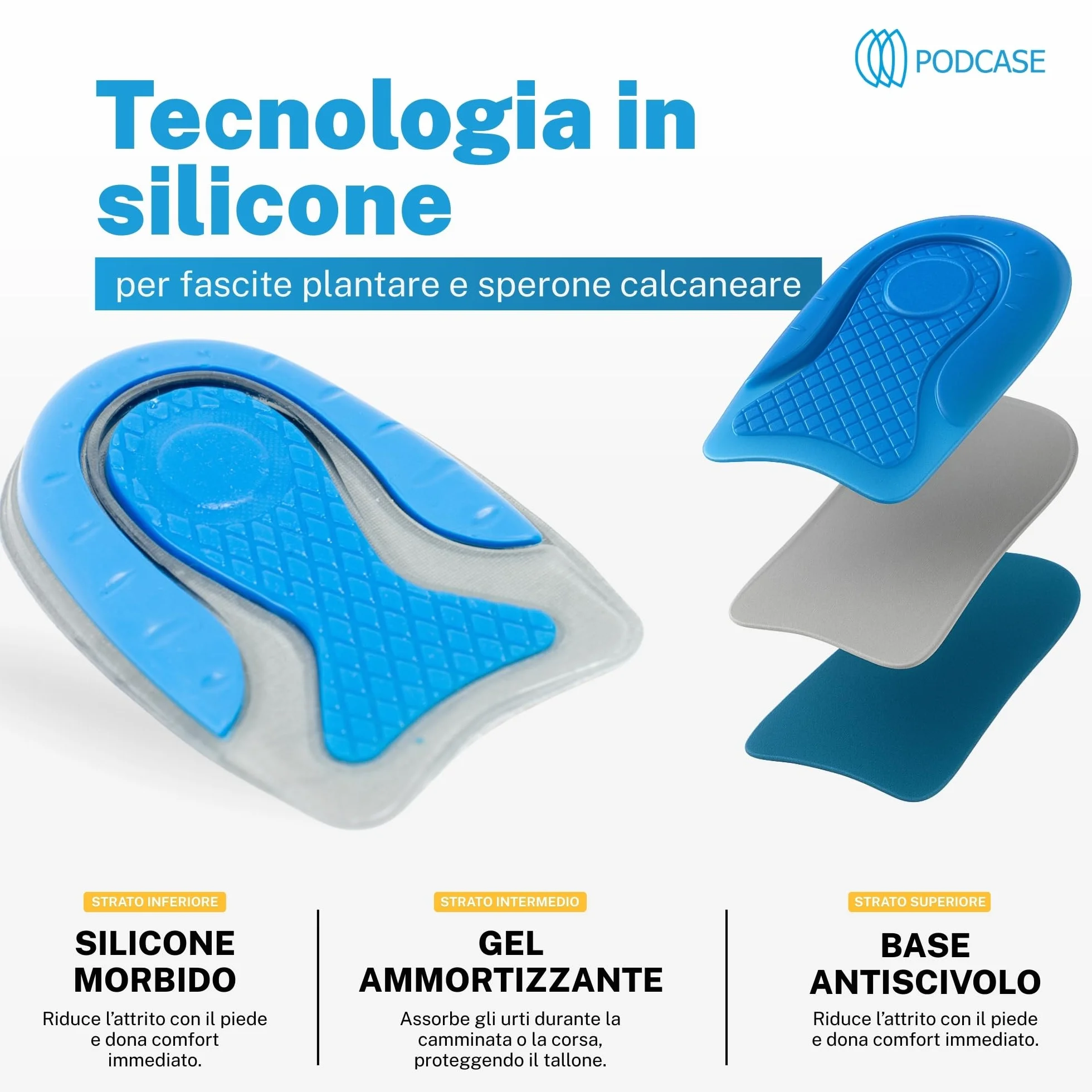 Solette Gel Ortopediche per Fascite Plantare e Spina Calcaneare - Set 4 Talloniere Silicone Unisex (Grigio, L 41-47)